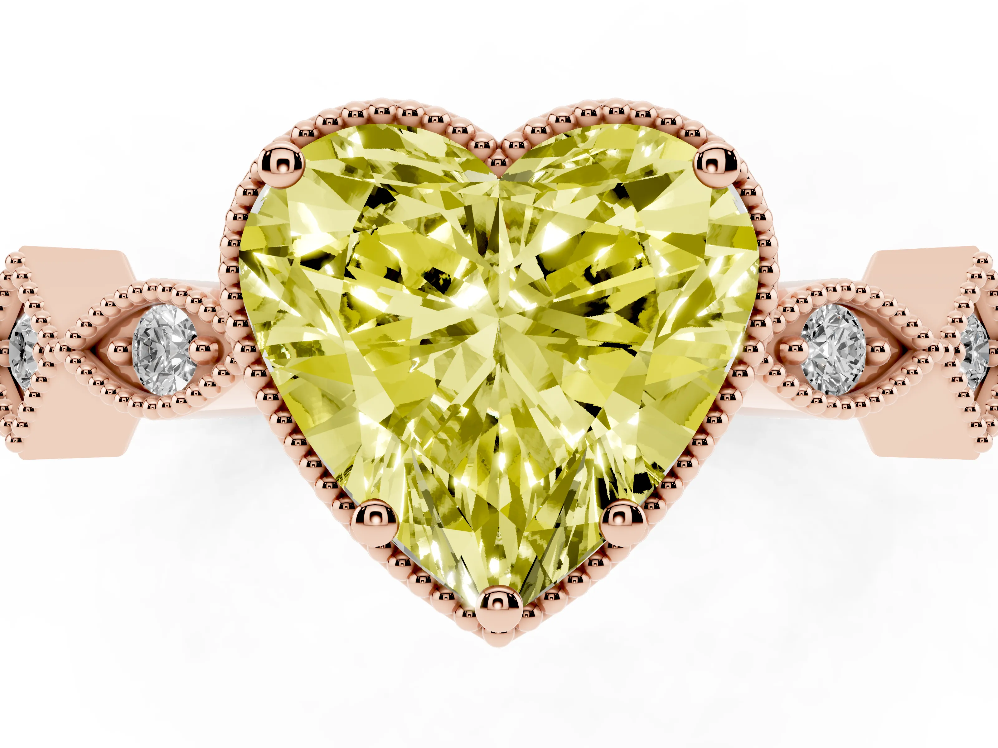 Fancy Yellow Heart Cut Diamond Milgrain Marquise Twist Band Ring Set in Rose gold with Prong Setting