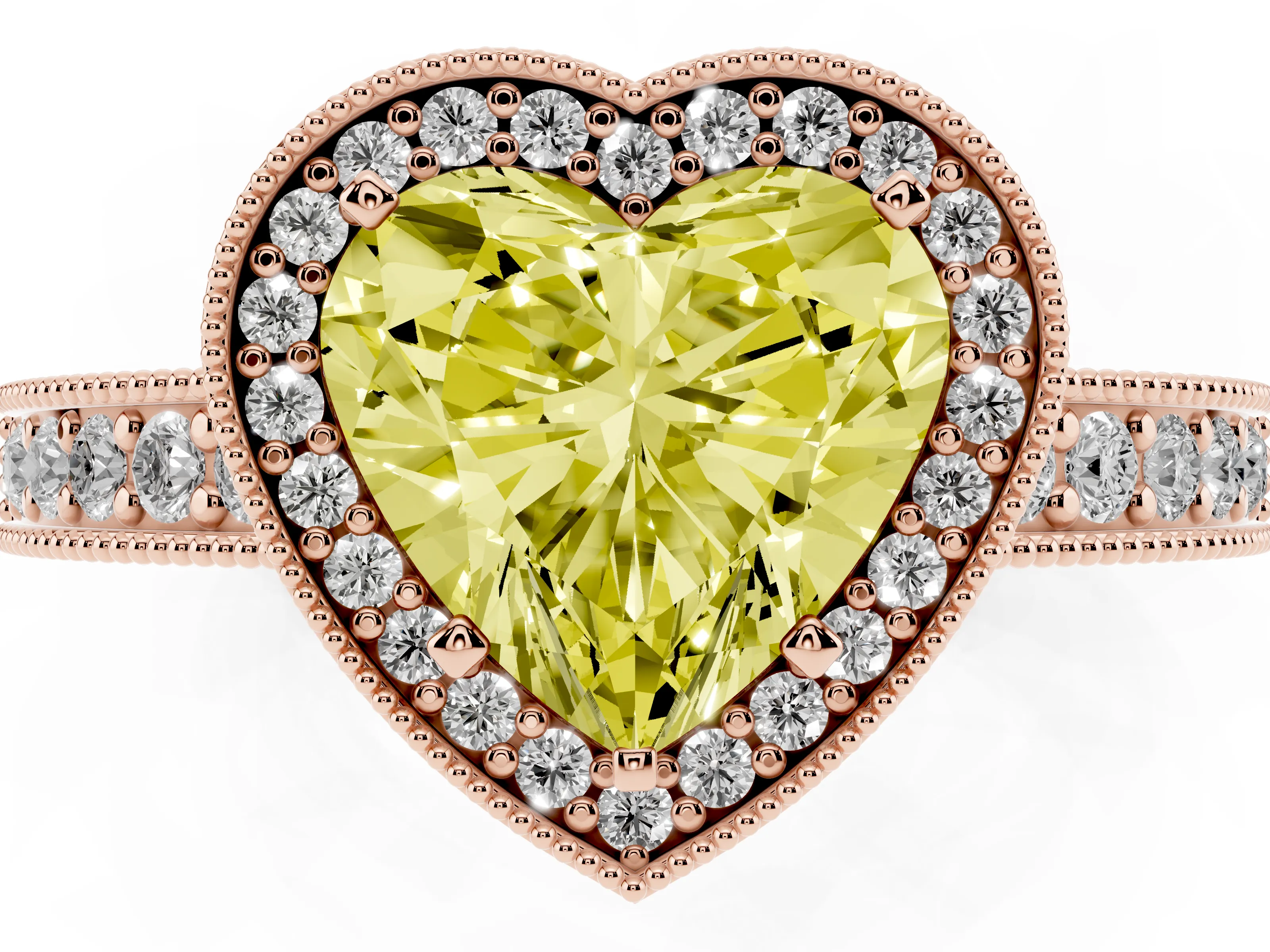 Fancy Yellow Heart Cut Diamond Halo Pavé Band Ring Set in Rose gold with Prong-Set Center
