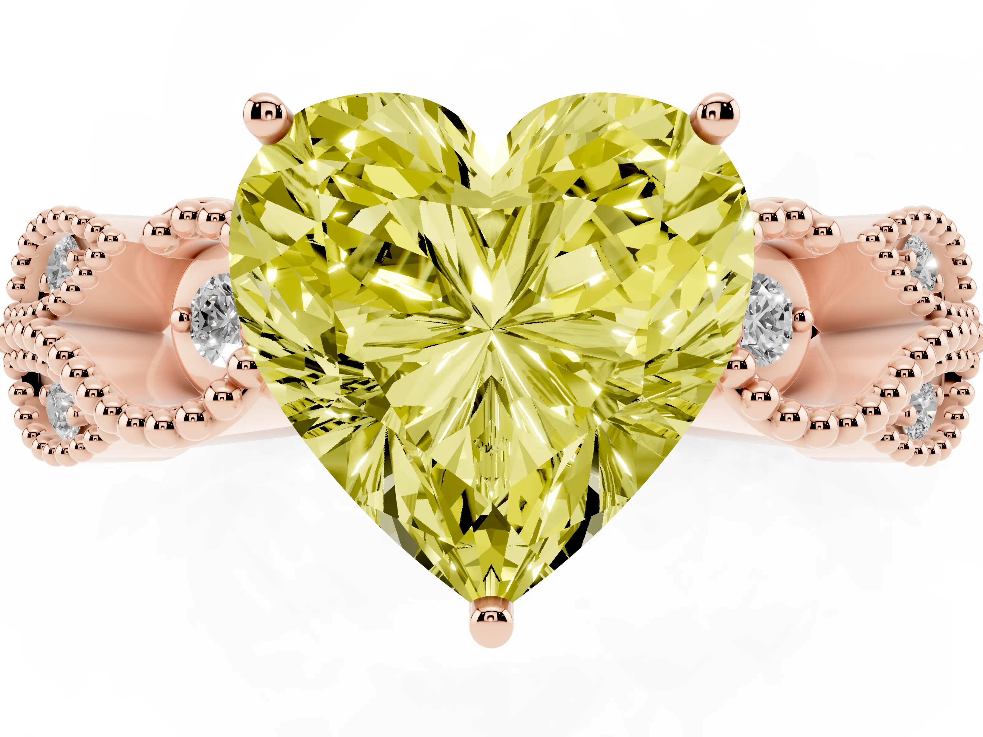 Fancy Yellow Heart Cut Diamond Milgrain Leaf Band Solitaire Ring Set in Rose gold with Accent Stones and Prong Setting