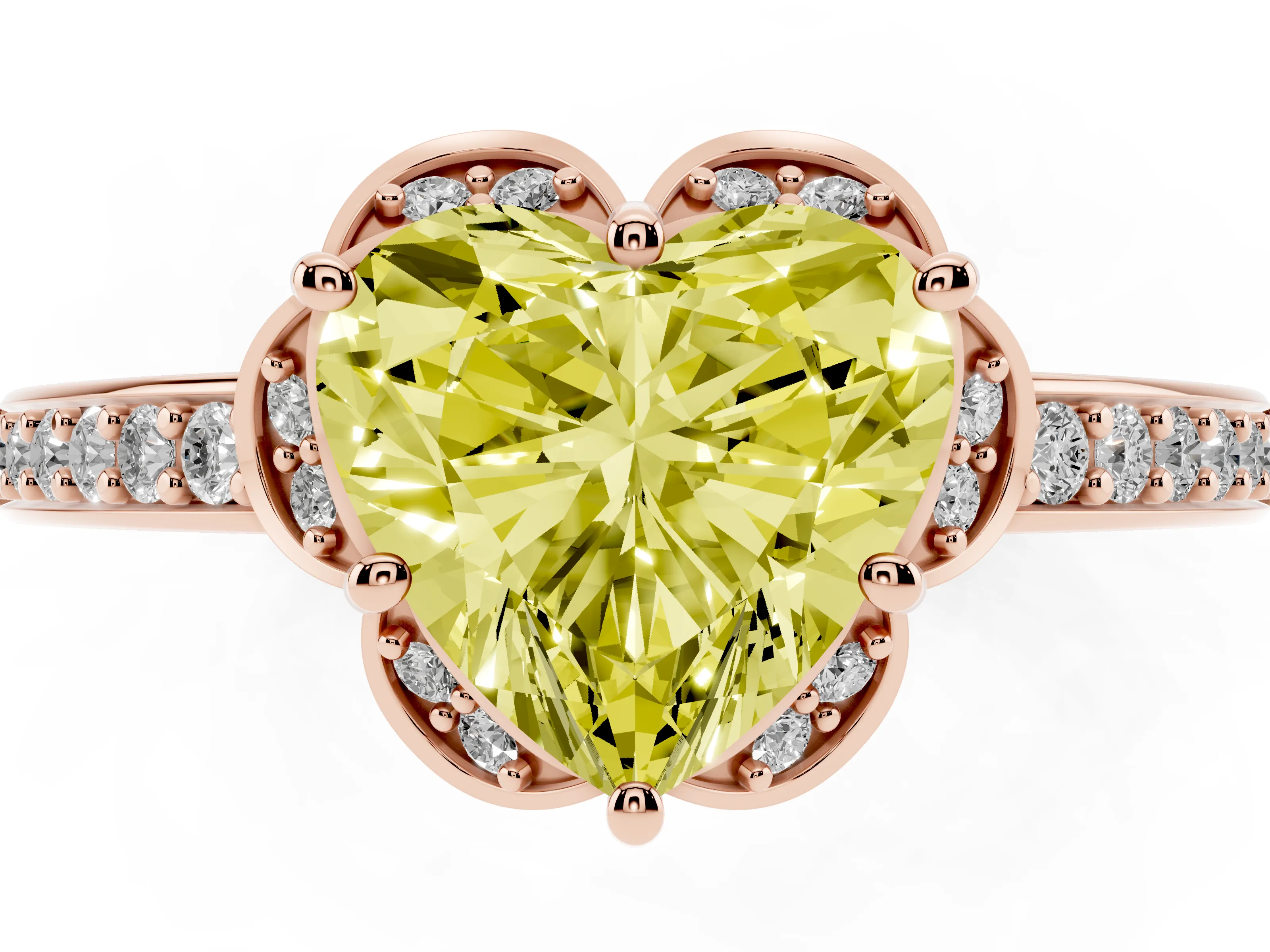 Fancy Yellow Heart Cut Diamond Halo Ring Set in Rose gold with Channel Set Band and Prong Setting