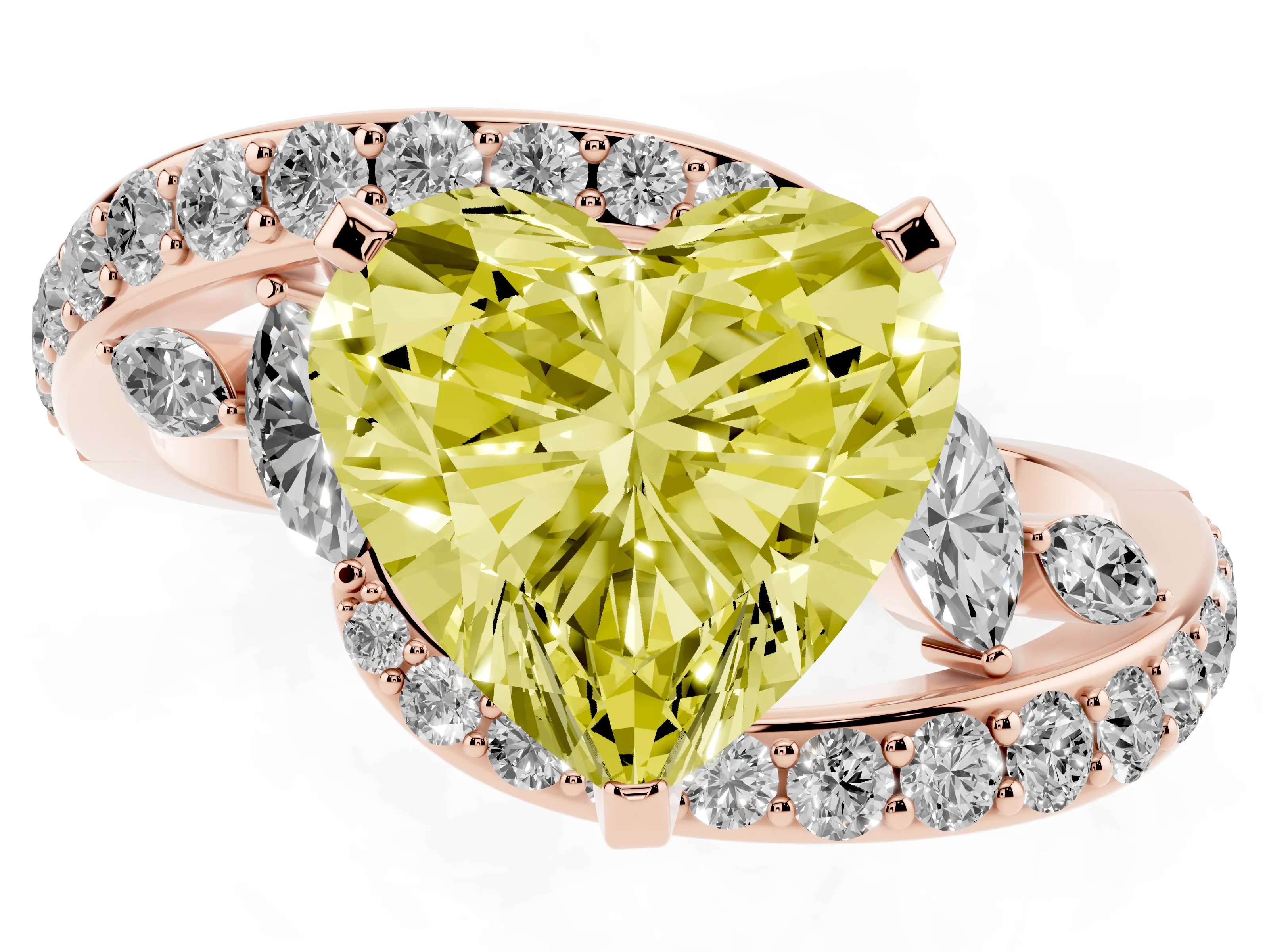 Fancy Yellow Heart Cut Diamond Solitaire Ring Set in Rose gold with Pavé Twist Band and Secure Prong Setting