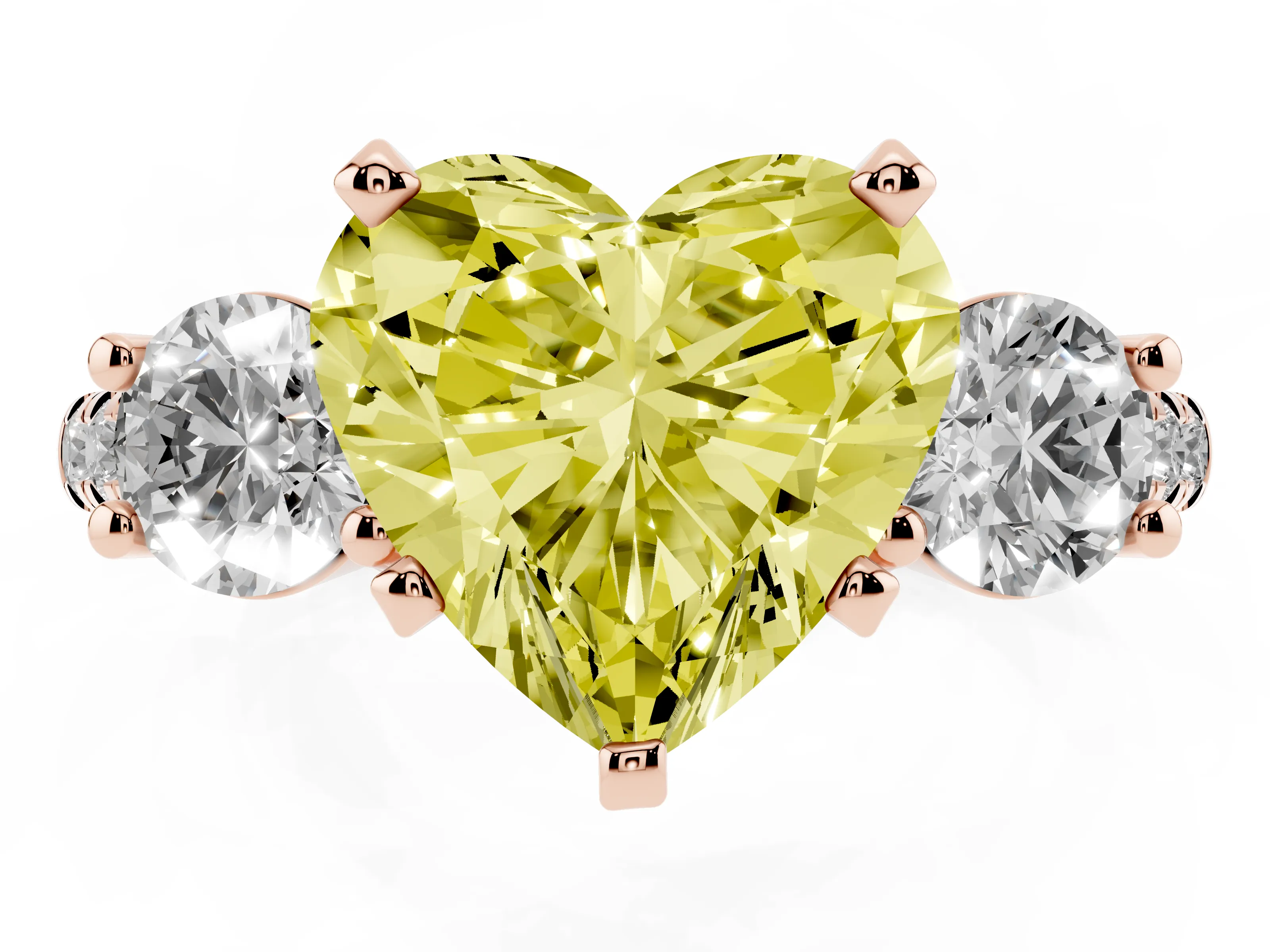 Fancy Yellow Three-Stone Heart Cut Diamond Pavé Band Ring Set in Rose gold with Prong-Set Trio
