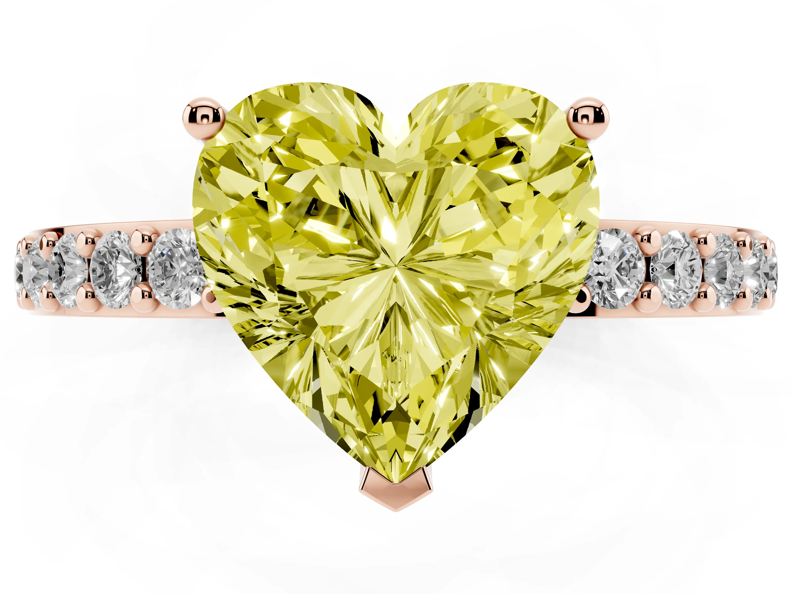 Fancy Yellow Heart Cut Diamond Solitaire Set in Rose gold with Round Pavé Band and Prong Setting
