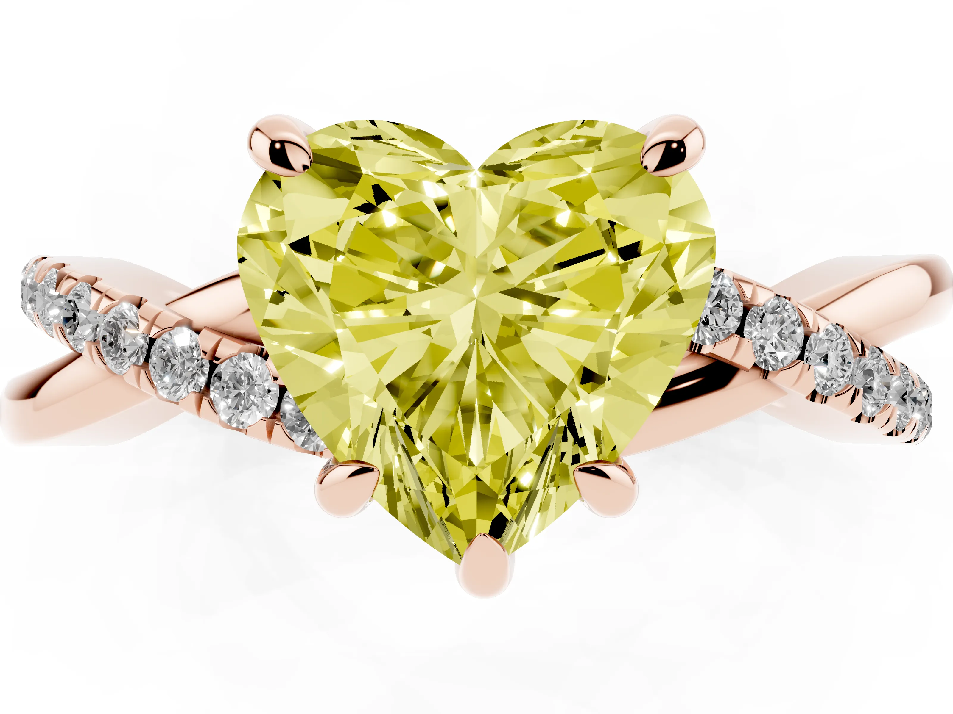 Fancy Yellow Heart Cut Diamond Twist Band Solitaire Set in Rose gold with Pavé Accents and Prong Setting