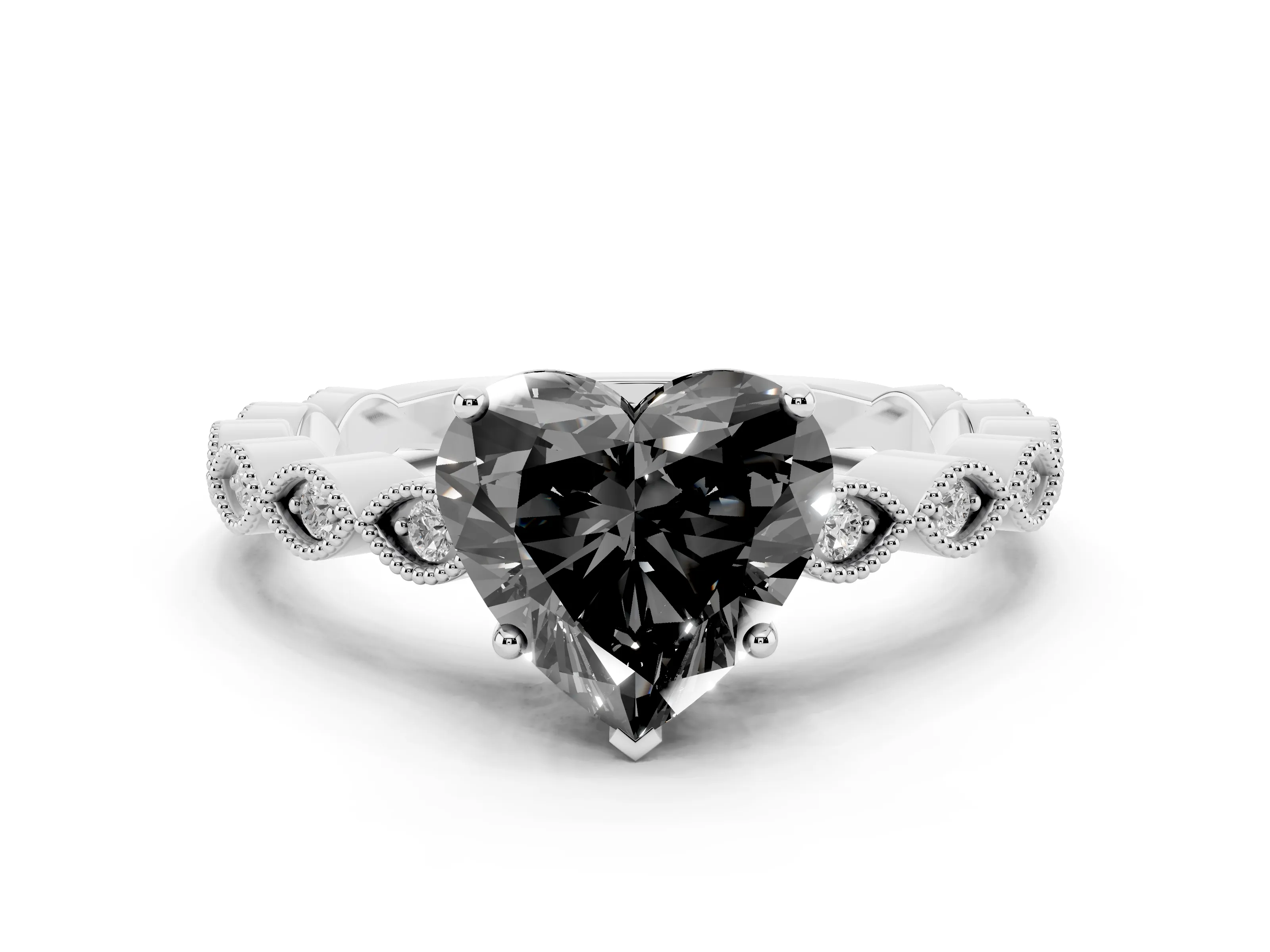 Fancy Black Heart Cut Diamond Solitaire Ring Set in Silver with Infinity Twist Pavé Band