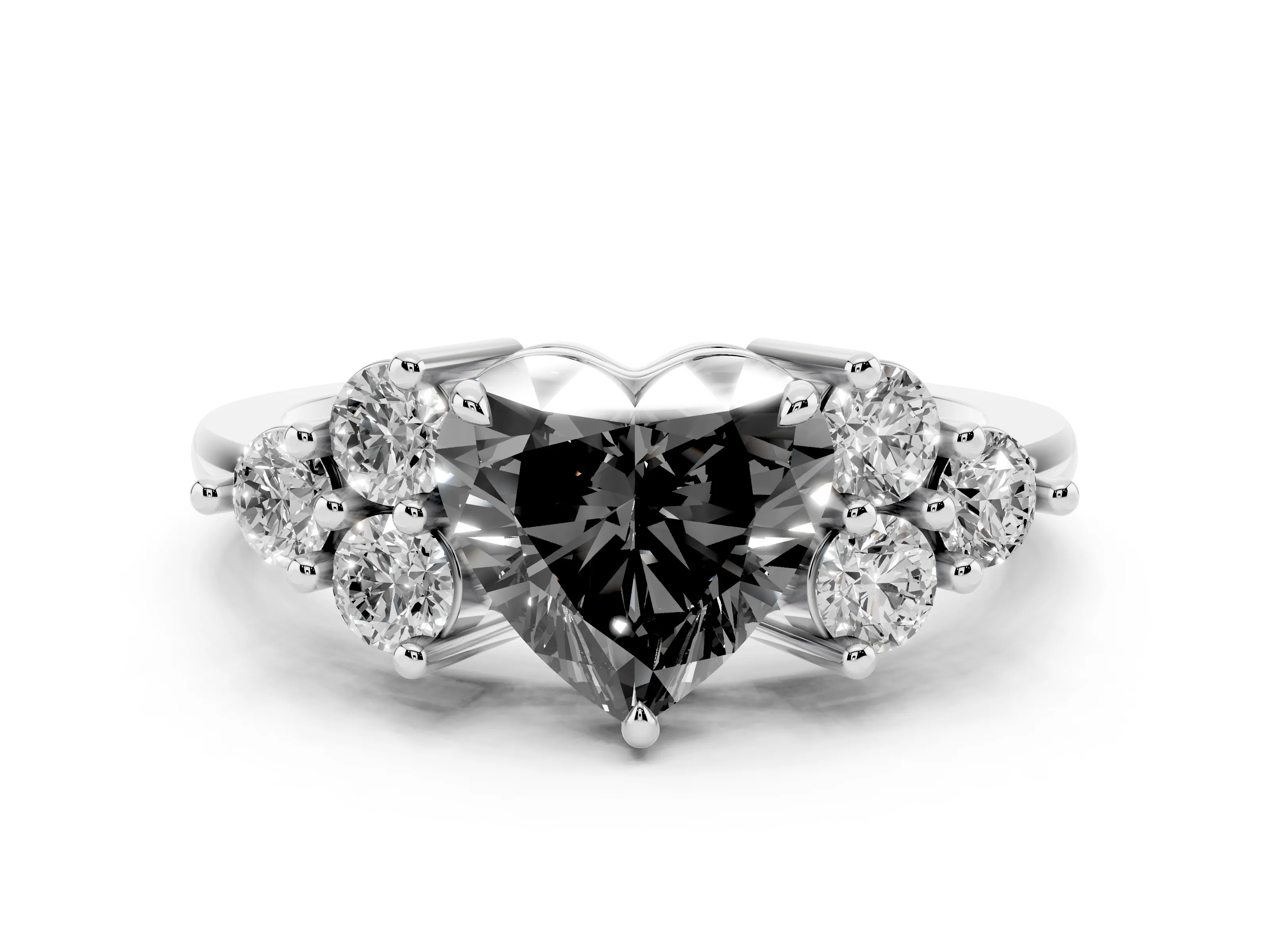 Fancy Black Heart Cut Diamond Solitaire Ring Set in Platinum with Cluster Accents on Each Side