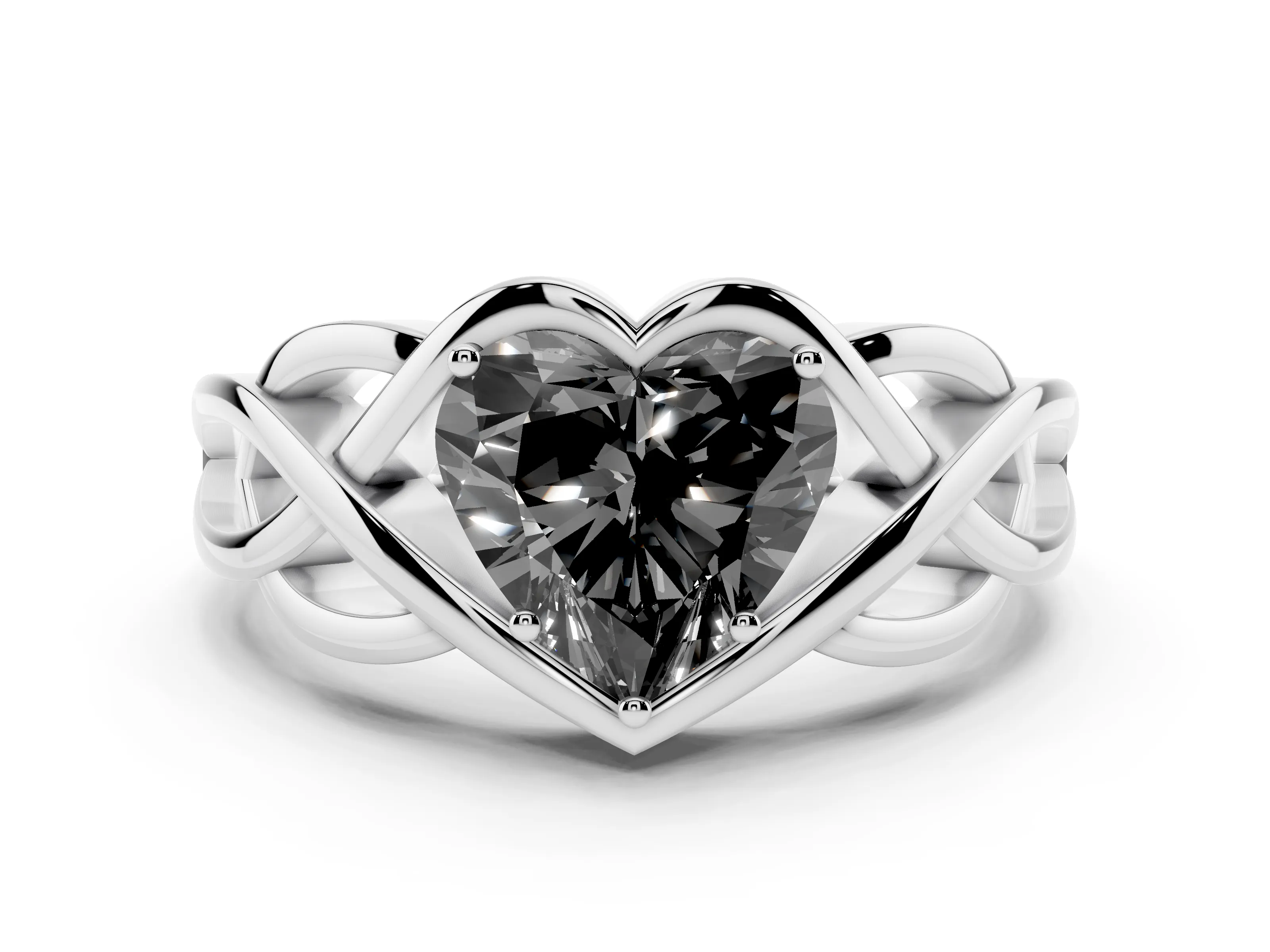 Fancy Black Heart Cut Diamond Solitaire Ring Set in Platinum with Intertwined Band
