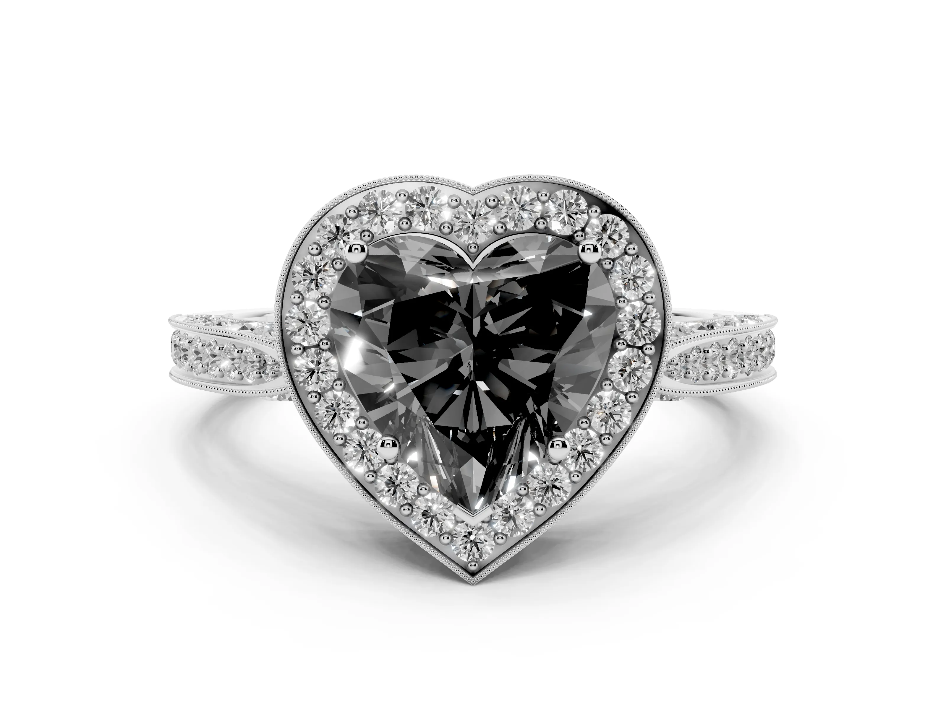 Fancy Black Heart Cut Diamond Halo Engagement Ring Set in White gold with Accent Split Shank Band