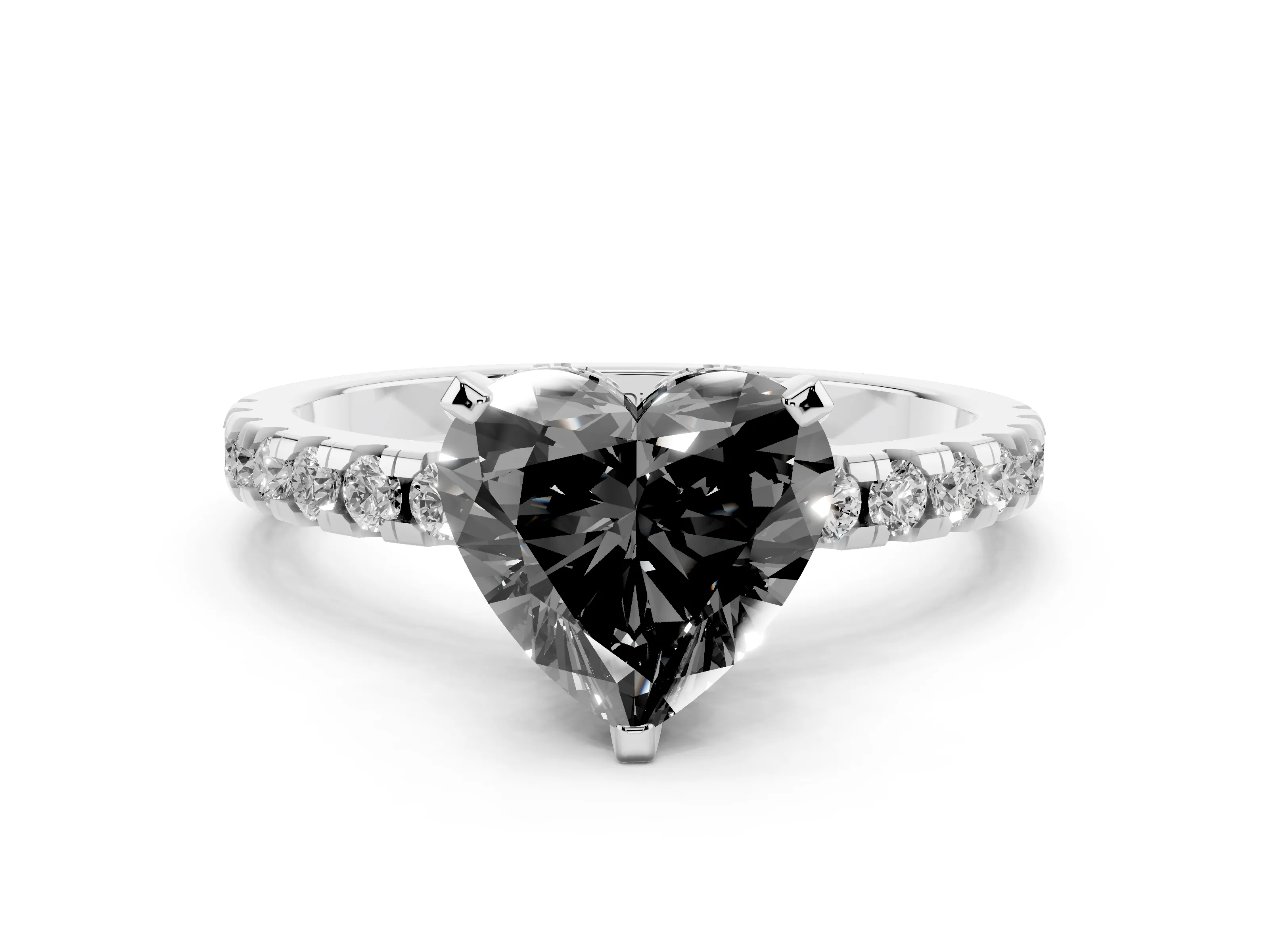 Fancy Black Heart Cut Diamond Pavé Solitaire Ring Set in White gold with Round Band Accents and Prong Setting