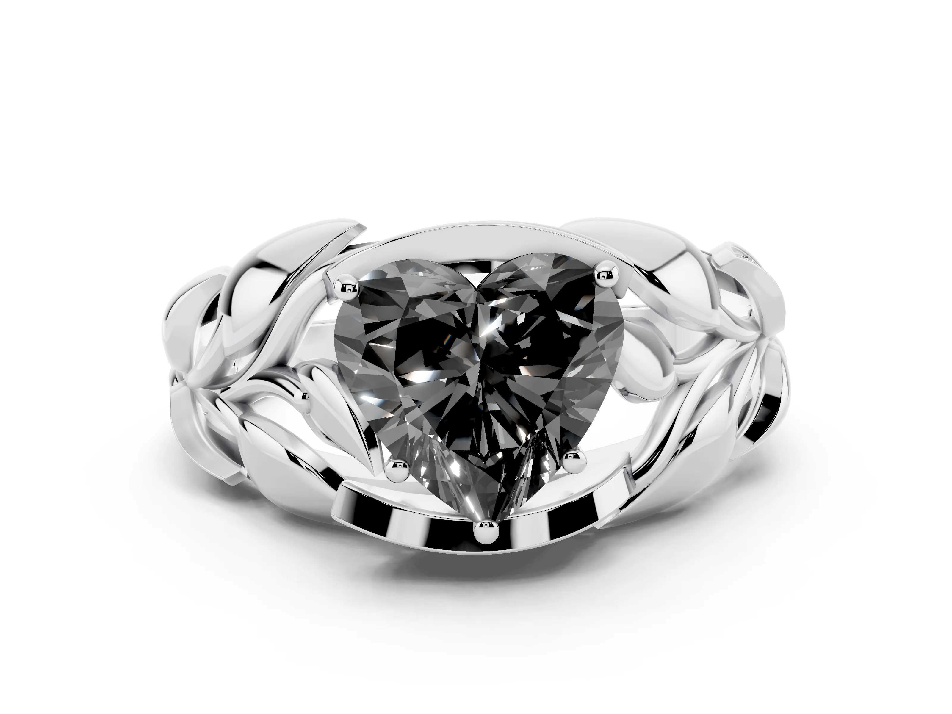 Fancy Black Heart Cut Diamond Leaf-Inspired Engagement Ring Set in Silver with Round Accents