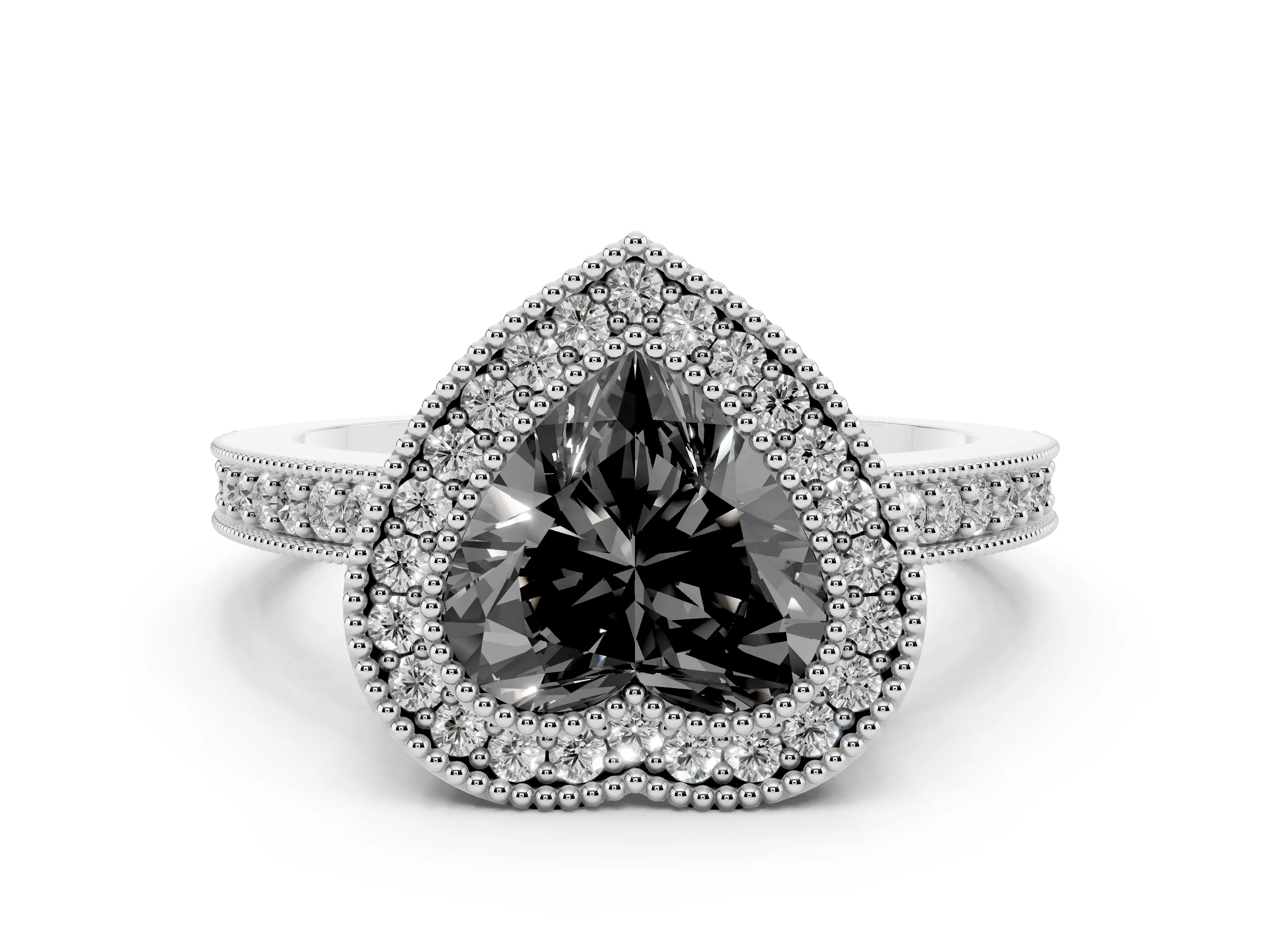 Fancy Black Heart Cut Diamond Halo Engagement Ring Set in White gold with Pavé Band and Round Halo Stones