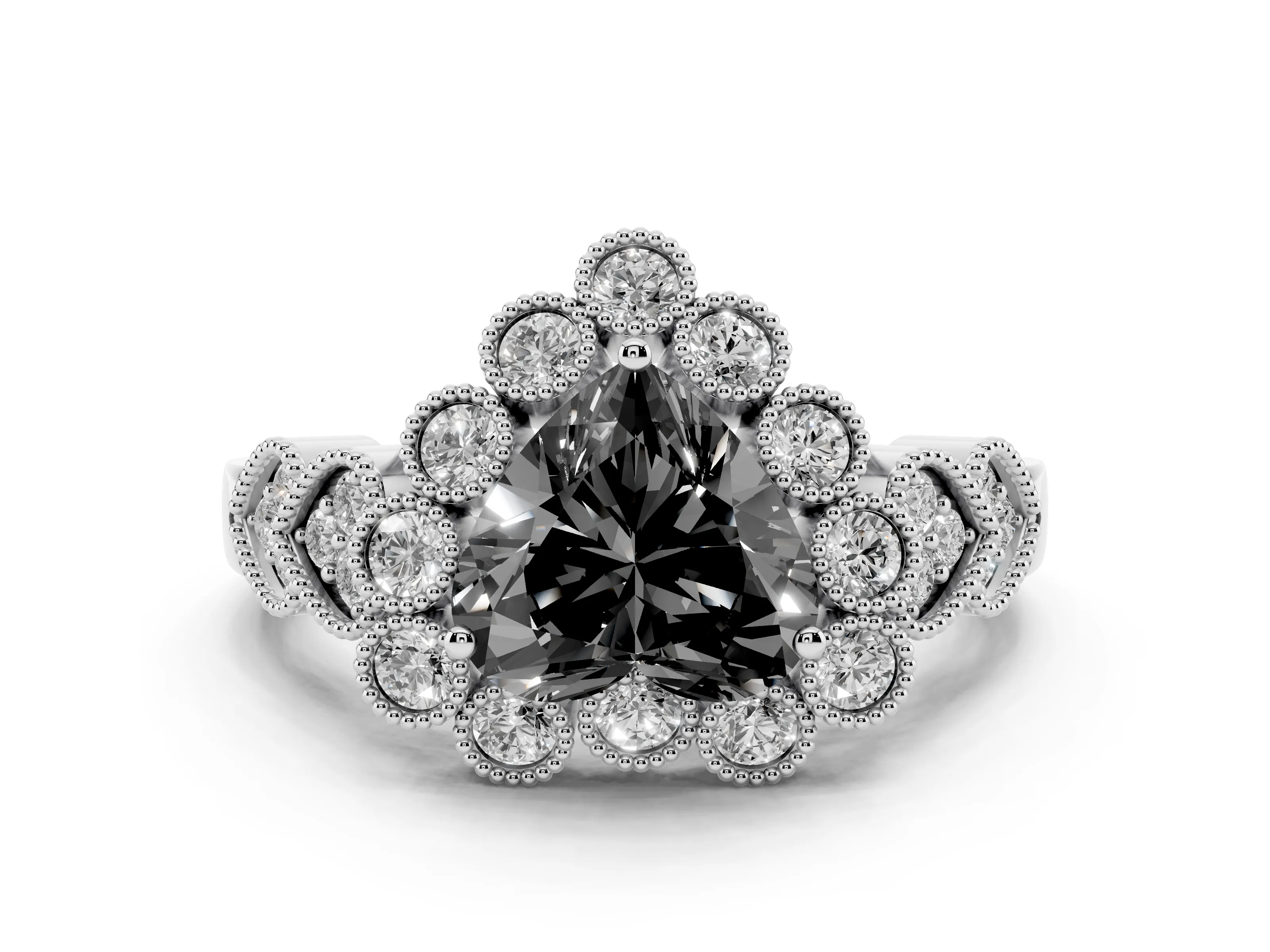 Fancy Black Heart Cut Diamond Solitaire Ring Set in White gold with Milgrain Pavé Heart Band
