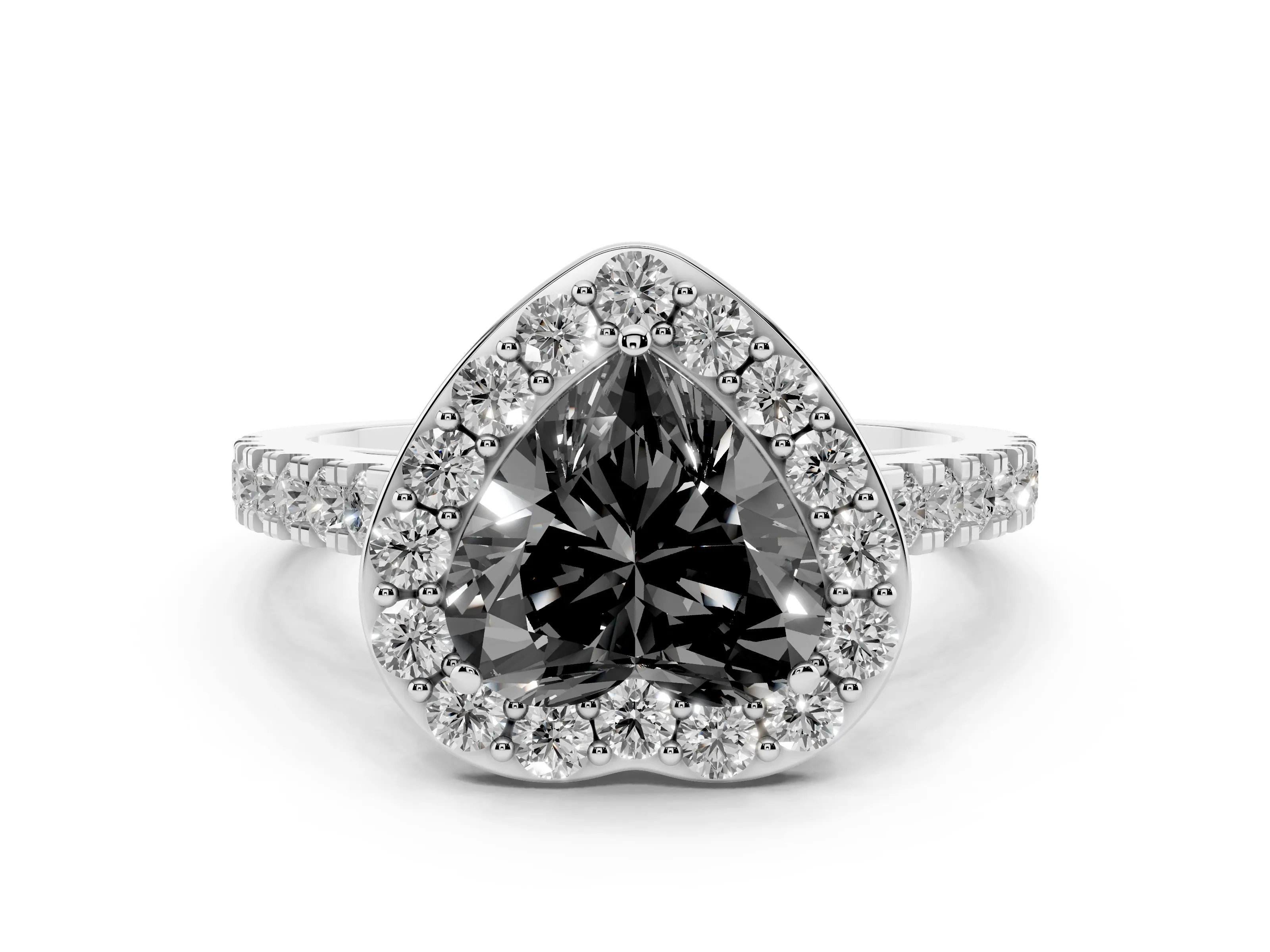 Fancy Black Heart Cut Diamond Halo Ring Set in Platinum with Round Pavé Split Shank and Prong Setting