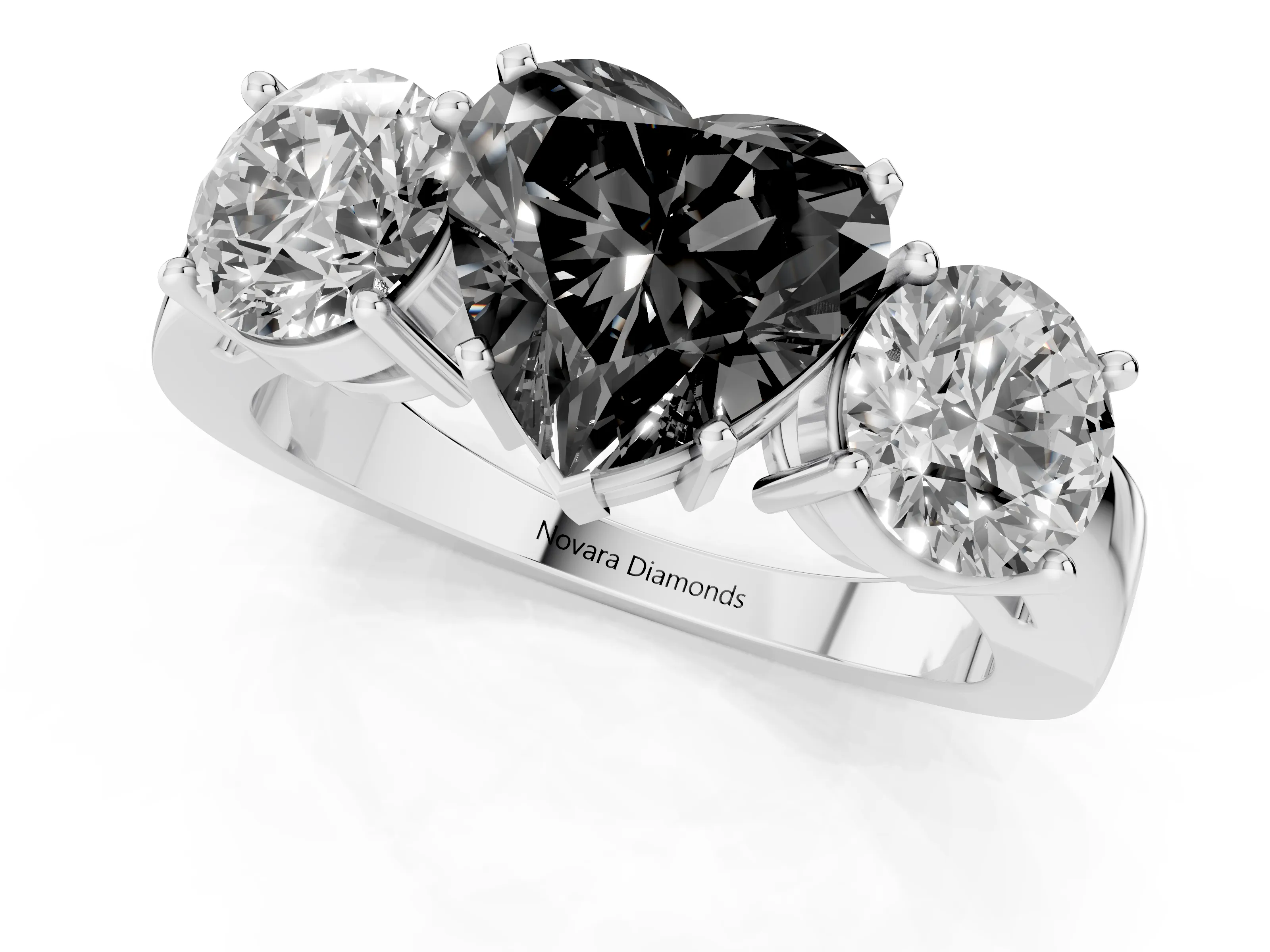 Fancy Black Heart Cut Diamond Three-Stone Ring Set in Silver with Round Side Stones and Classic Band