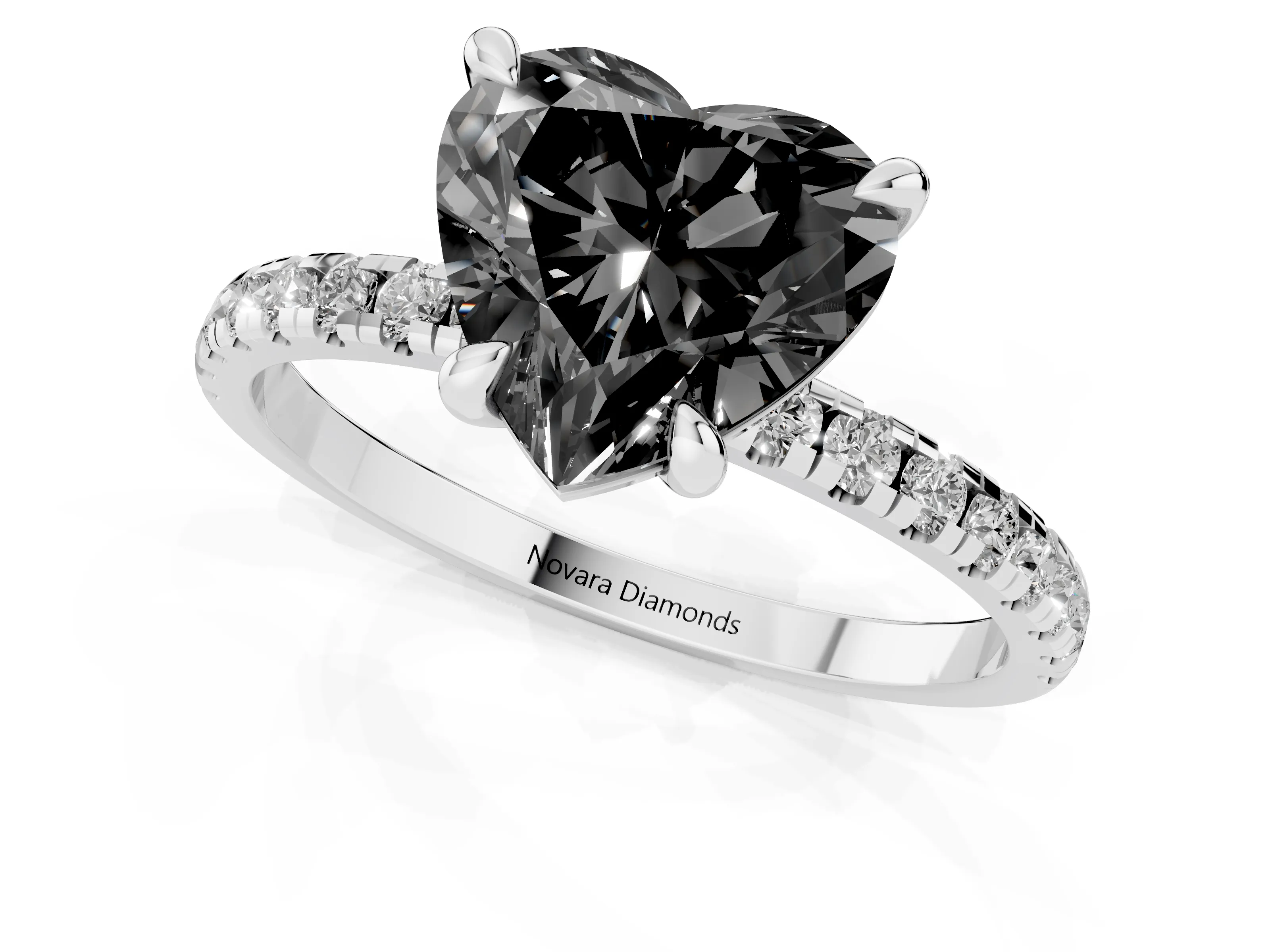 Fancy Black Heart Cut Diamond Brilliant Solitaire Ring Set in White gold with Pavé Band and Prong Setting