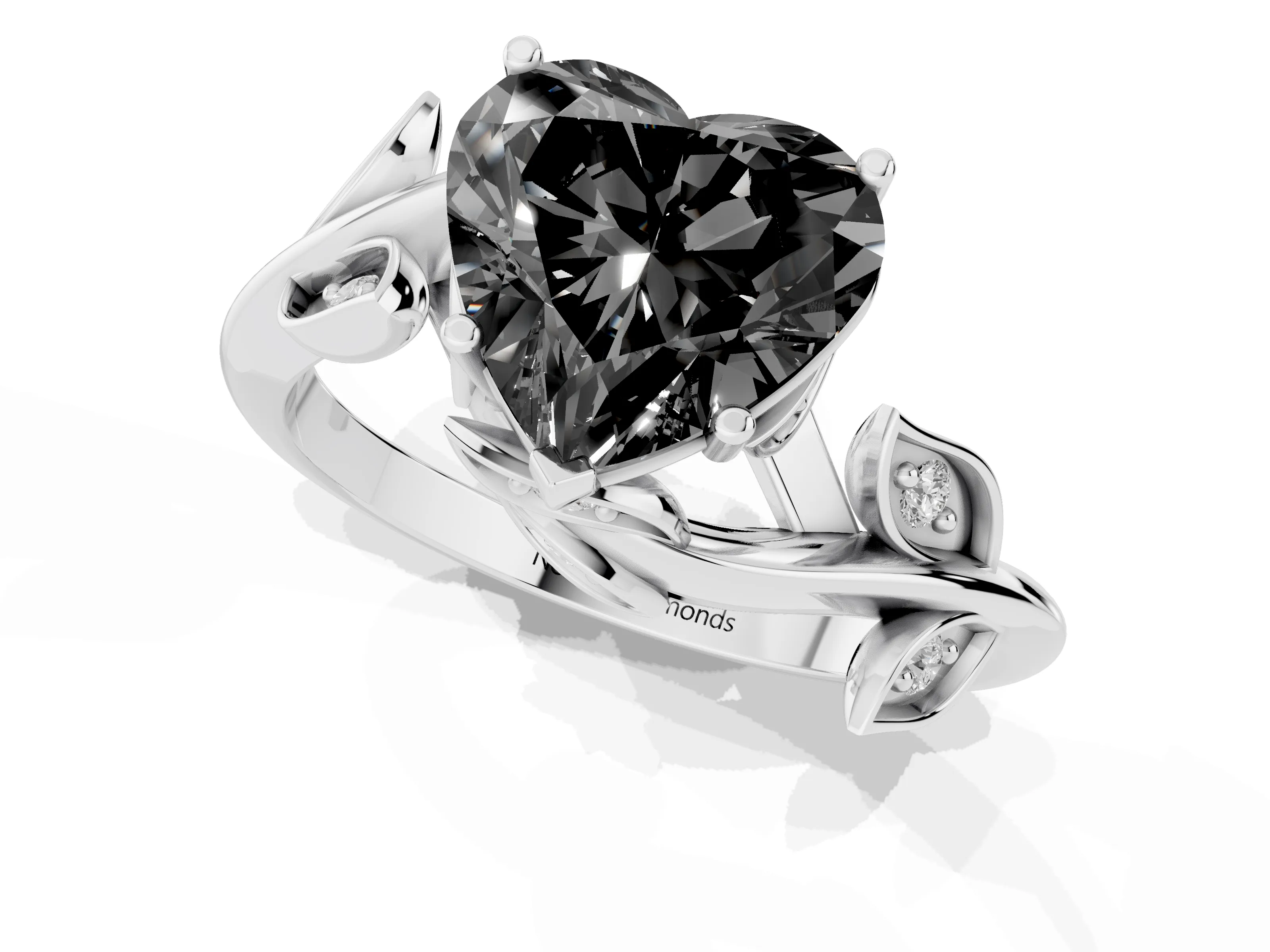 Fancy Black Heart Cut Diamond Solitaire Twist Engagement Ring Set in Platinum with Pavé Leaf Accents