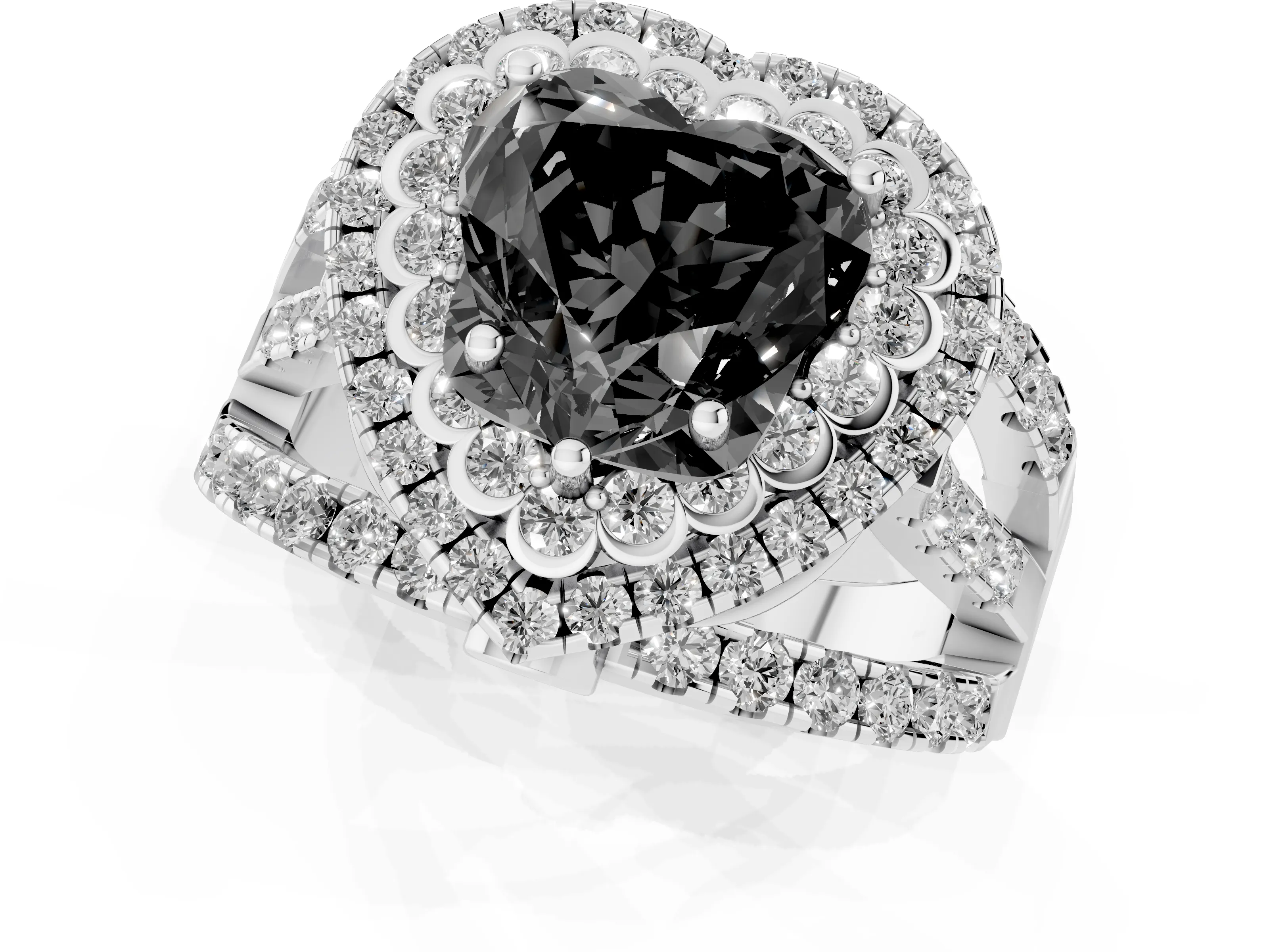 Fancy Black Heart Cut Diamond Double Halo Ring Set in White gold with Round Pavé Split Shank