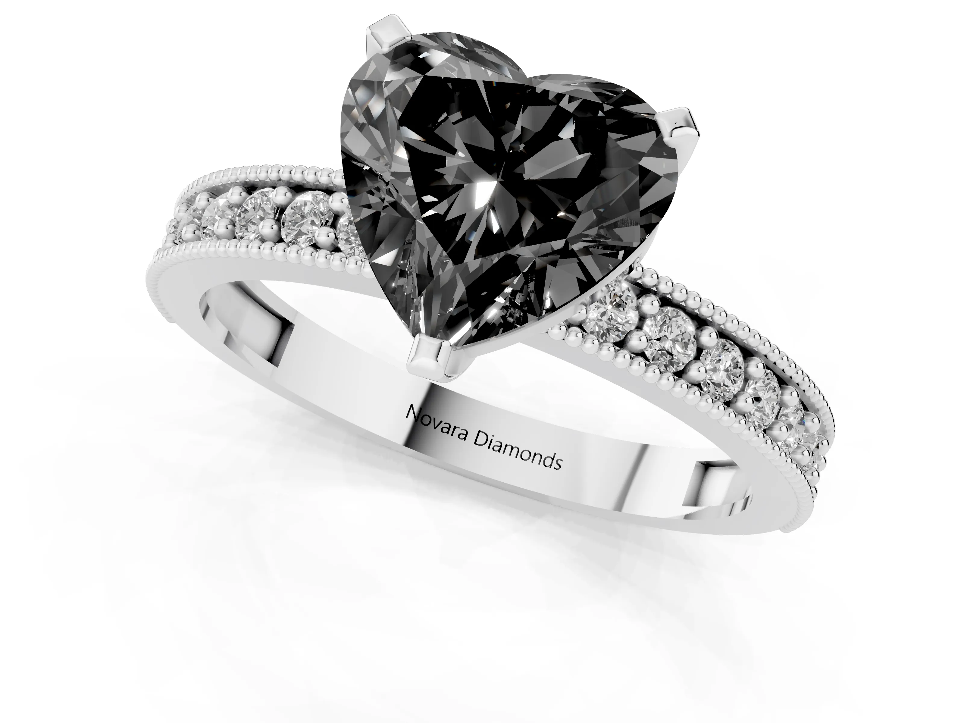 Fancy Black Heart Cut Diamond Milgrain Pavé Engagement Ring Set in Silver with Prong Setting