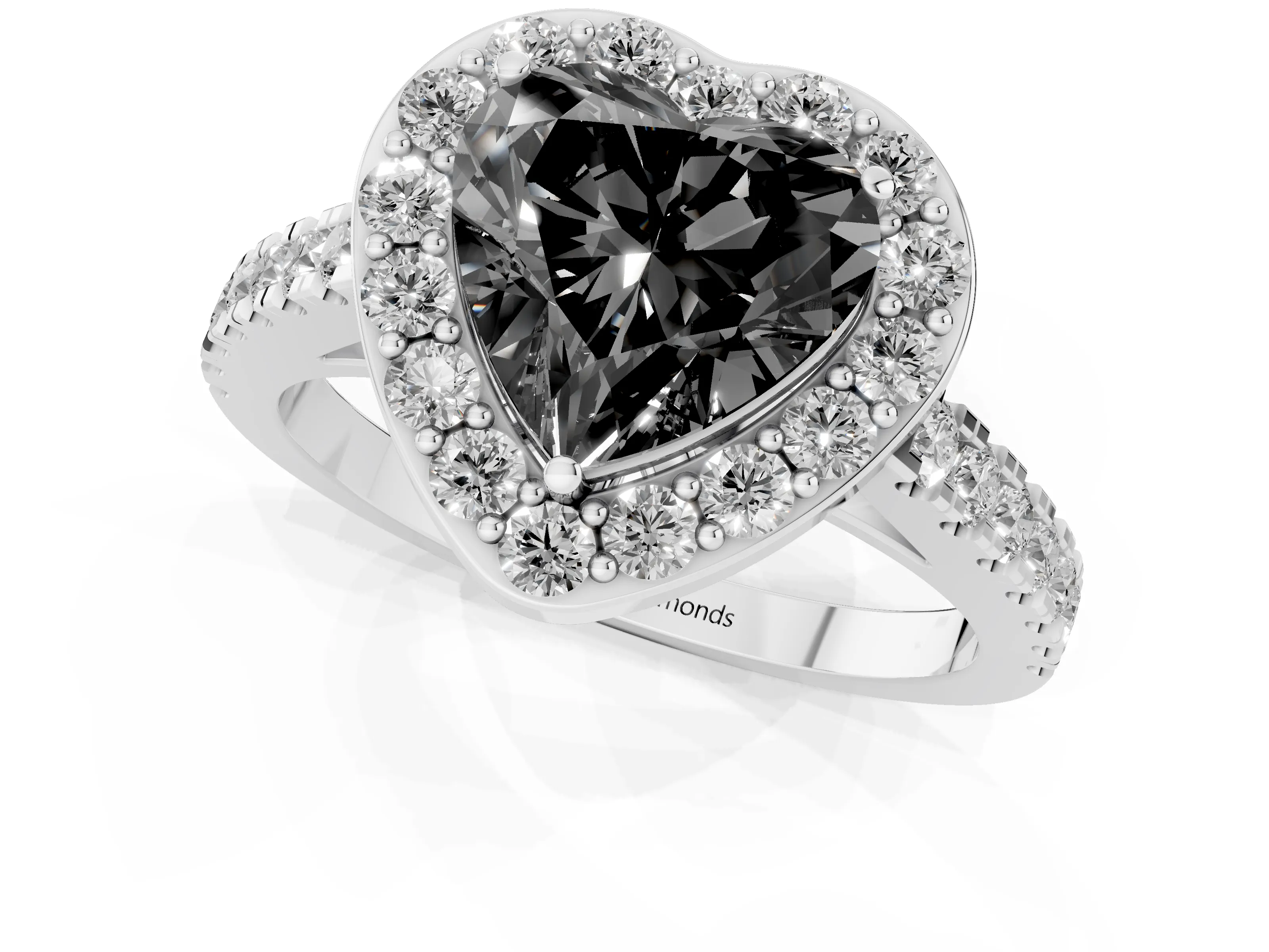 Fancy Black Heart Cut Diamond Halo Ring Set in Platinum with Round Pavé Split Shank and Prong Setting