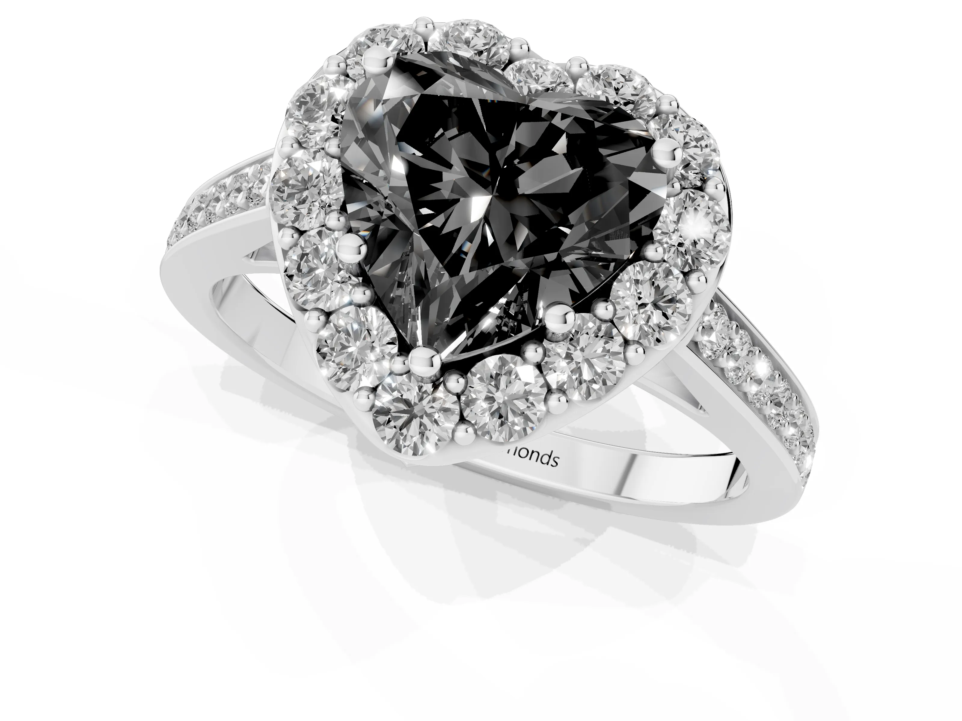 Fancy Black Heart Cut Diamond Floral Halo Ring Set in Platinum with Pavé Band and Prong Setting