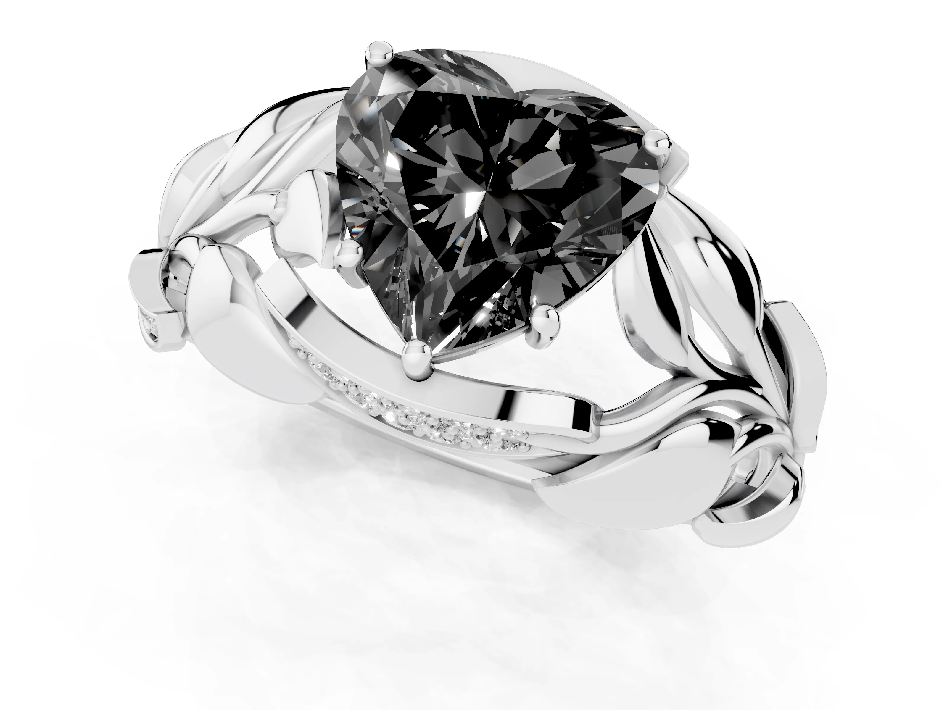 Fancy Black Heart Cut Diamond Leaf-Inspired Engagement Ring Set in Silver with Round Accents