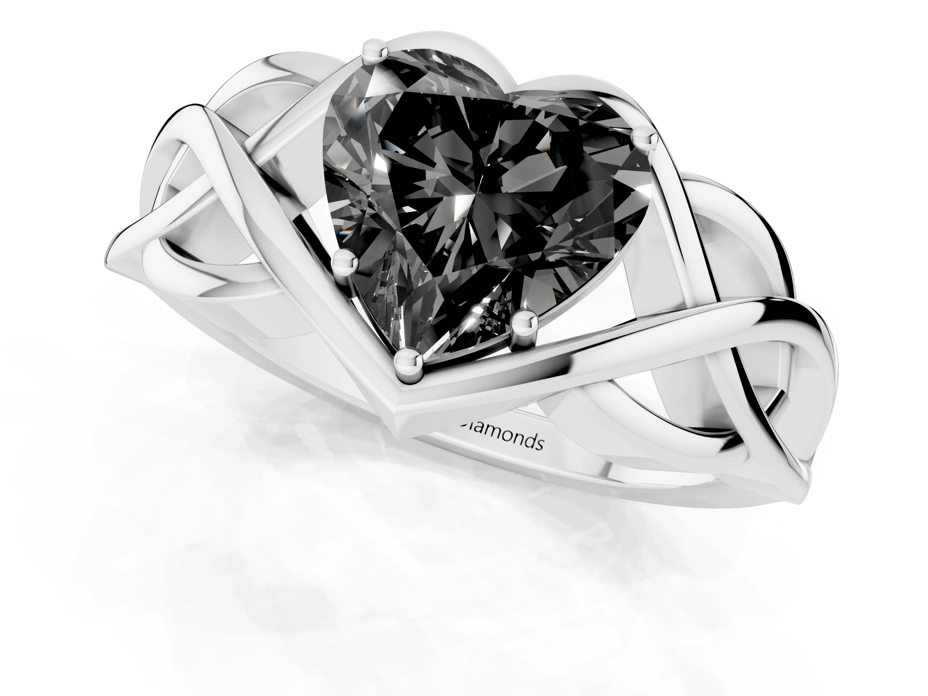 Fancy Black Heart Cut Diamond Solitaire Ring Set in Silver with Intertwined Band