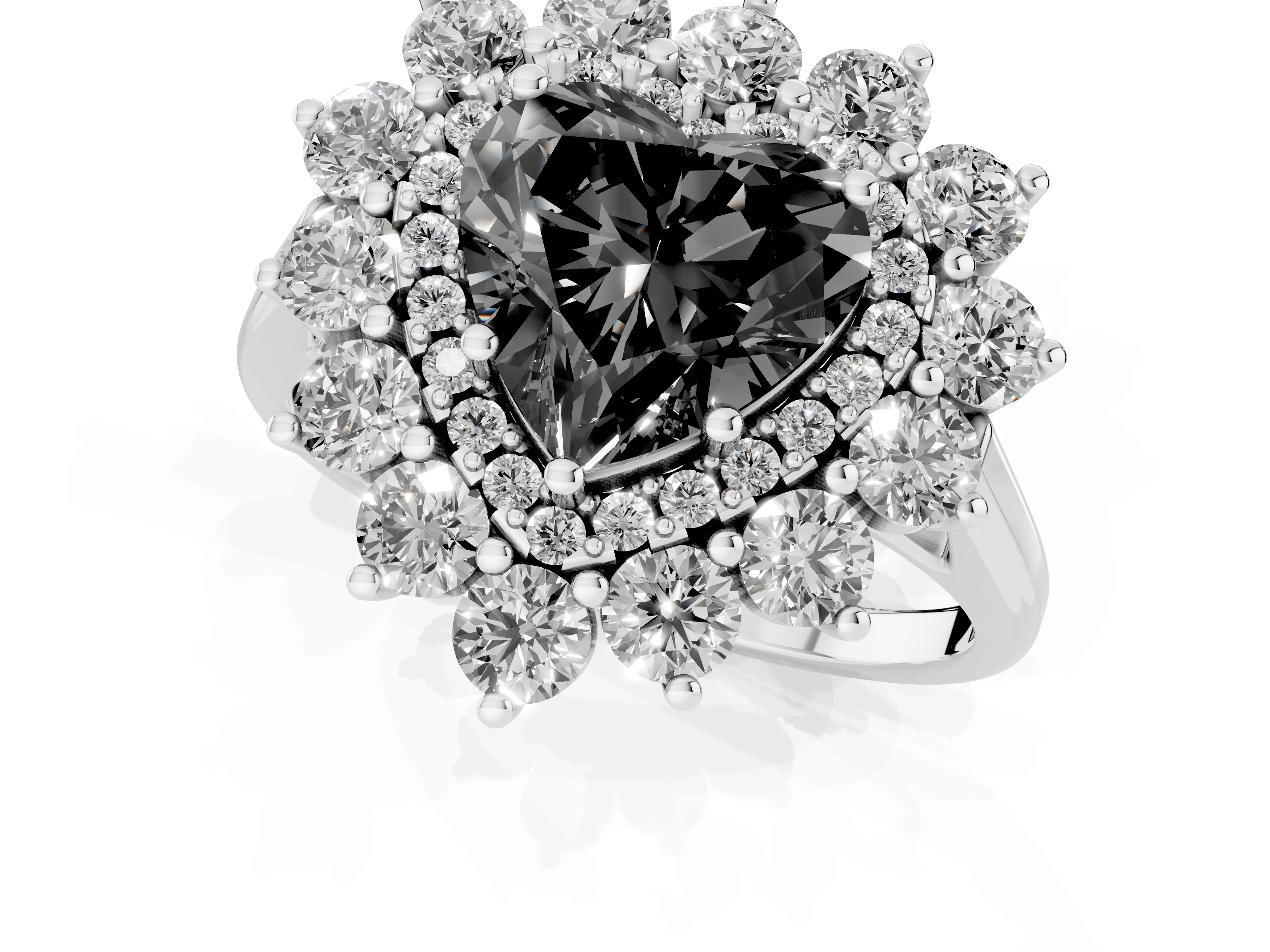 Fancy Black Heart Cut Diamond Floral Double Halo Ring Set in Silver with Round Petals
