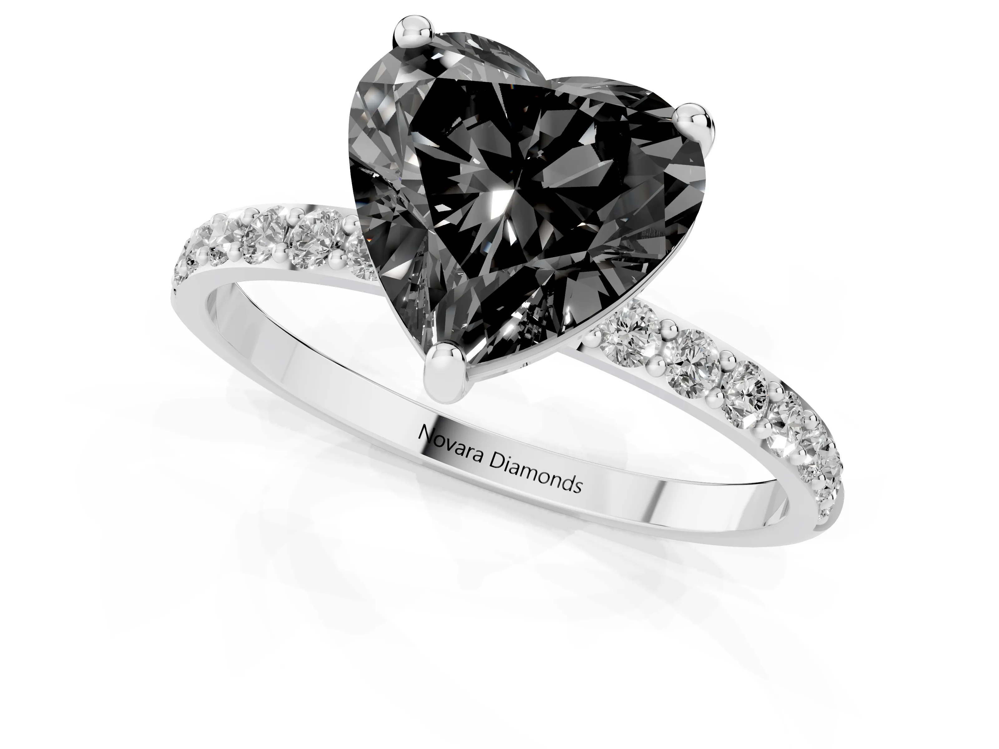 Fancy Black Heart Cut Diamond Solitaire Ring Set in Platinum with Round Pavé Band and Prong Setting