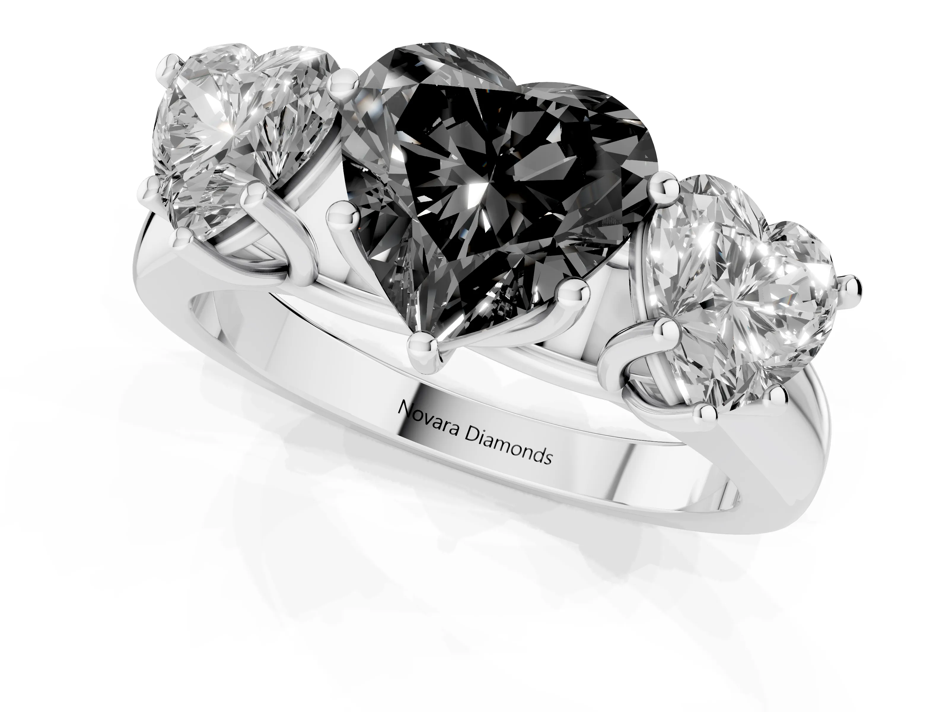 Fancy Black Heart Cut Diamond Three-Stone Ring Set in Platinum with Plain Polished Band