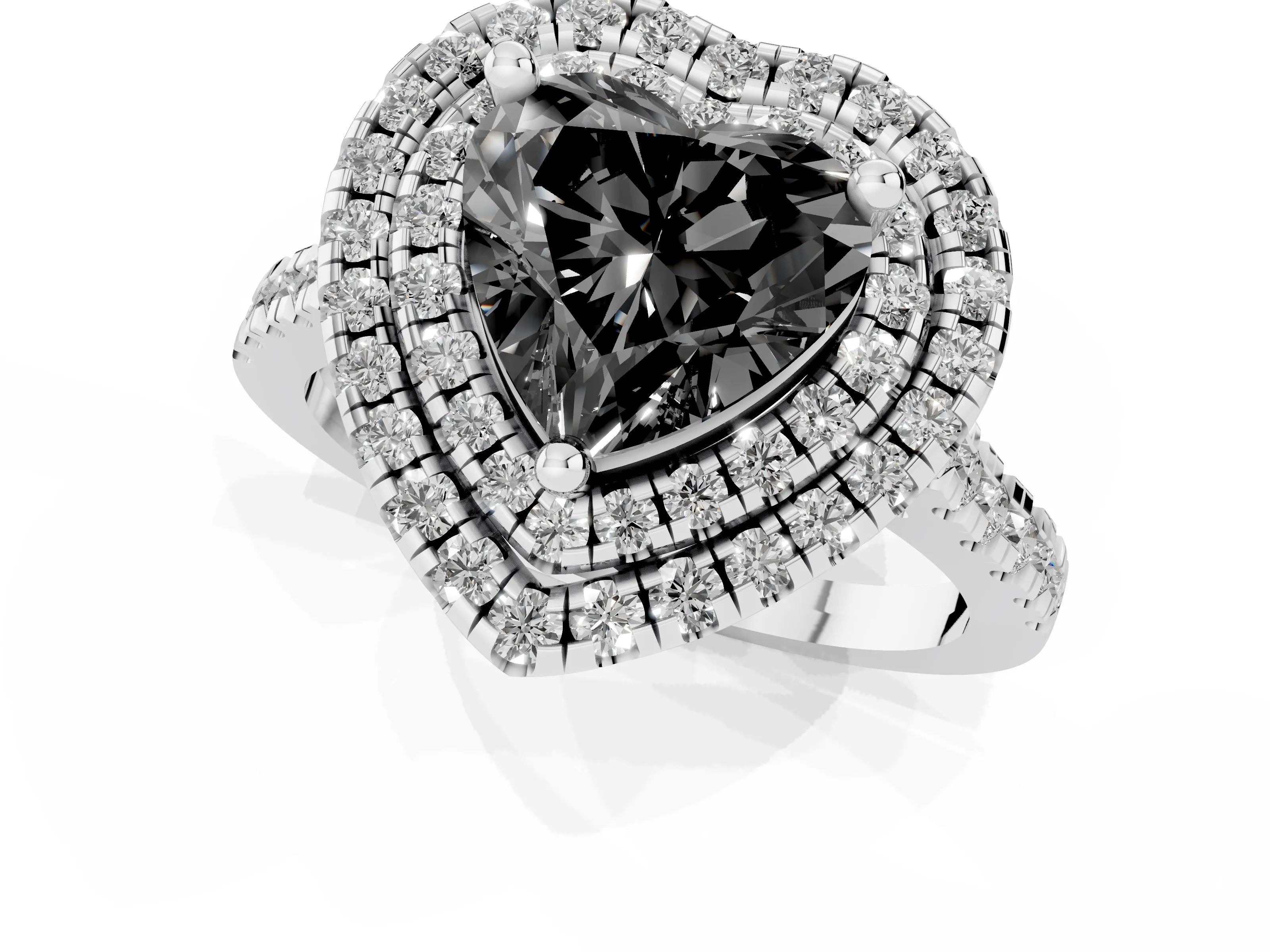 Fancy Black Heart Cut Diamond Double Halo Statement Ring Set in Silver with Pavé Band