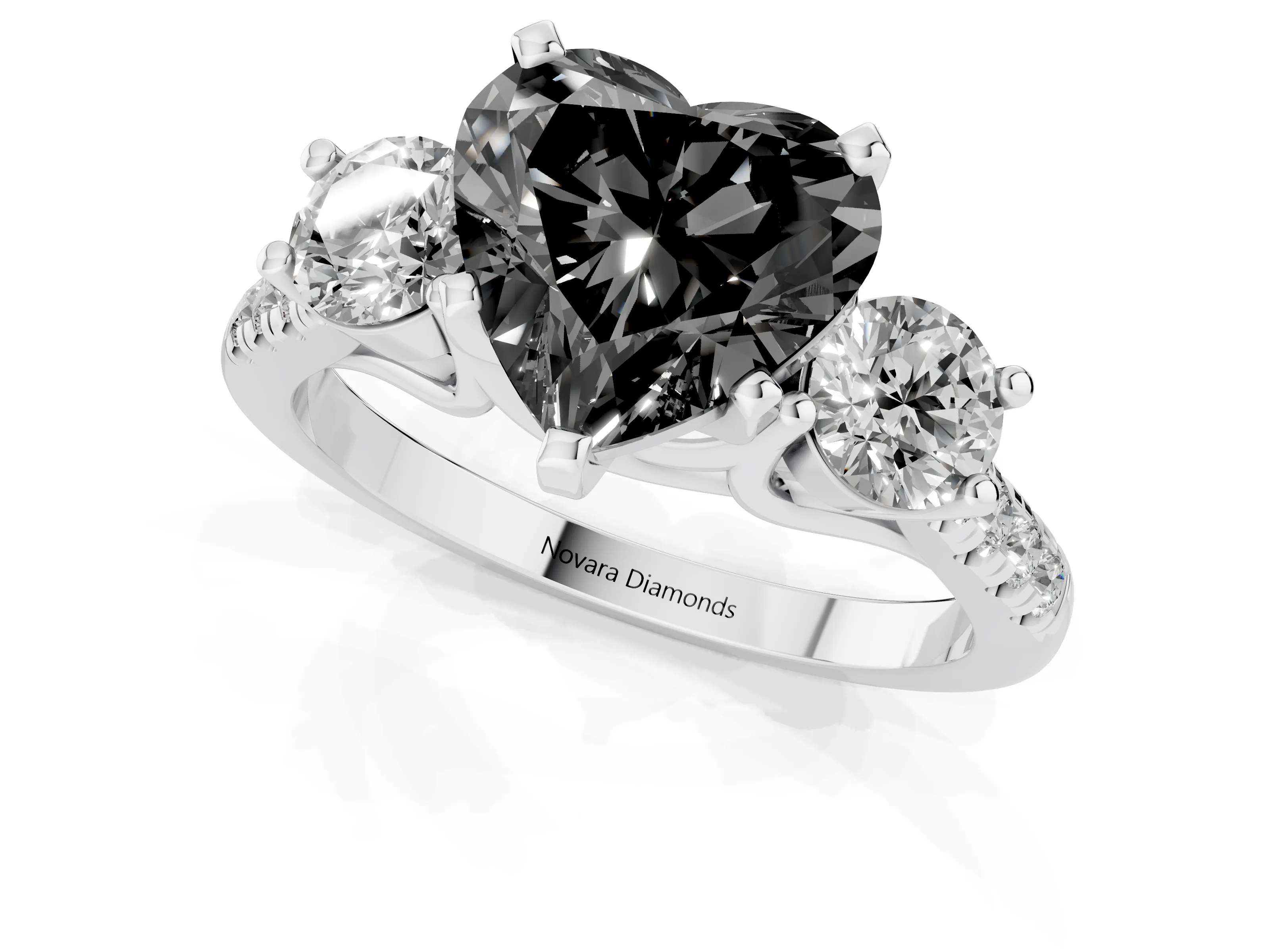 Fancy Black Three-Stone Heart Cut Diamond Pavé Band Ring Set in White gold with Prong-Set Trio