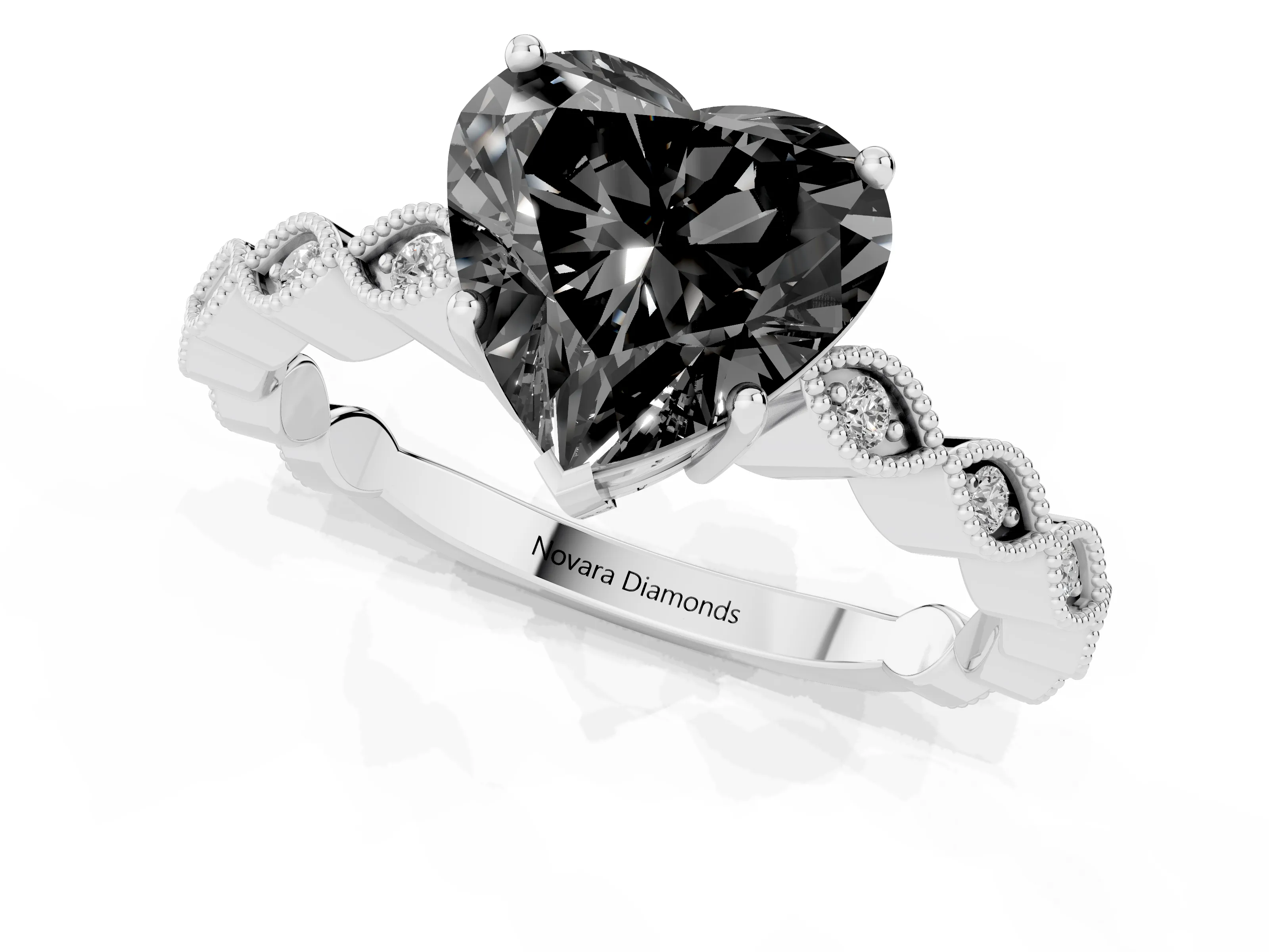 Fancy Black Heart Cut Diamond Solitaire Ring Set in Silver with Infinity Twist Pavé Band