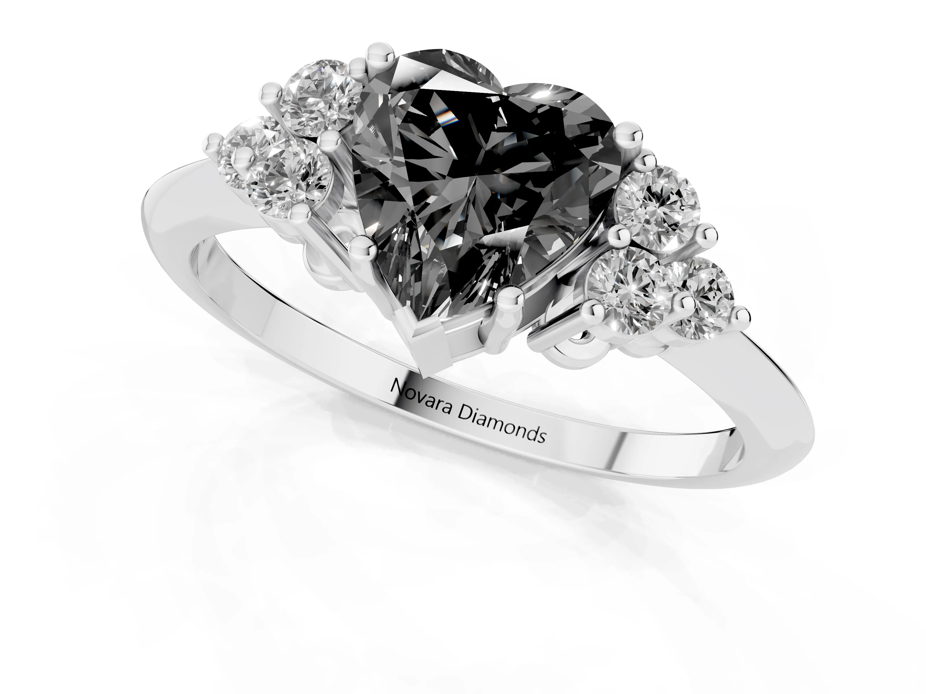 Fancy Black Heart Cut Diamond Cluster Ring Set in Silver with Plain Band and Prong Setting