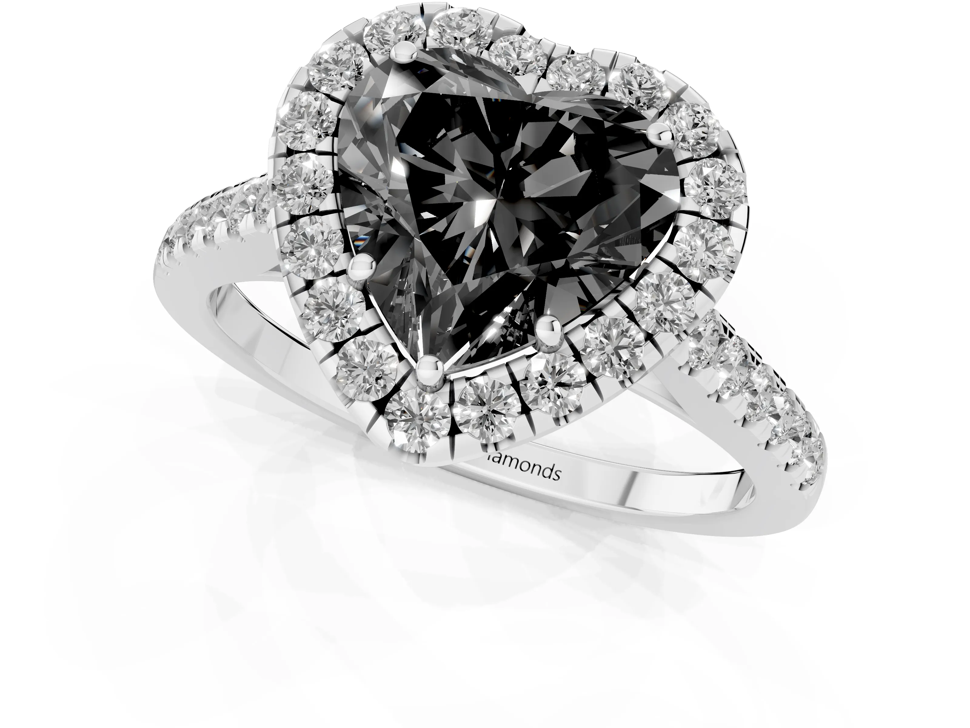Fancy Black Heart Cut Diamond Halo Pavé Engagement Ring Set in White gold with Prong Setting