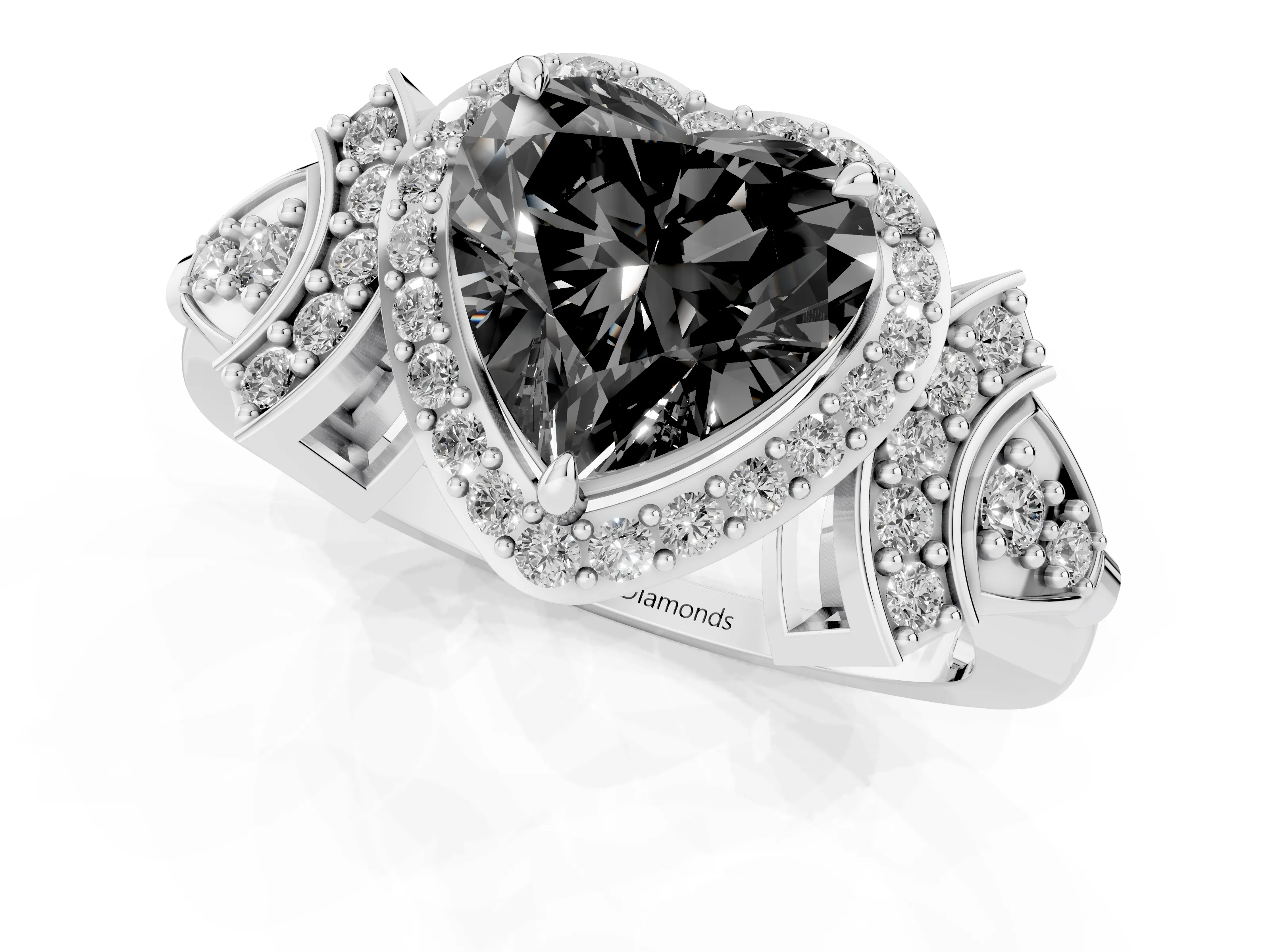 Fancy Black Heart Cut Diamond Halo Engagement Ring Set in White gold with Accent Stone Split Shank