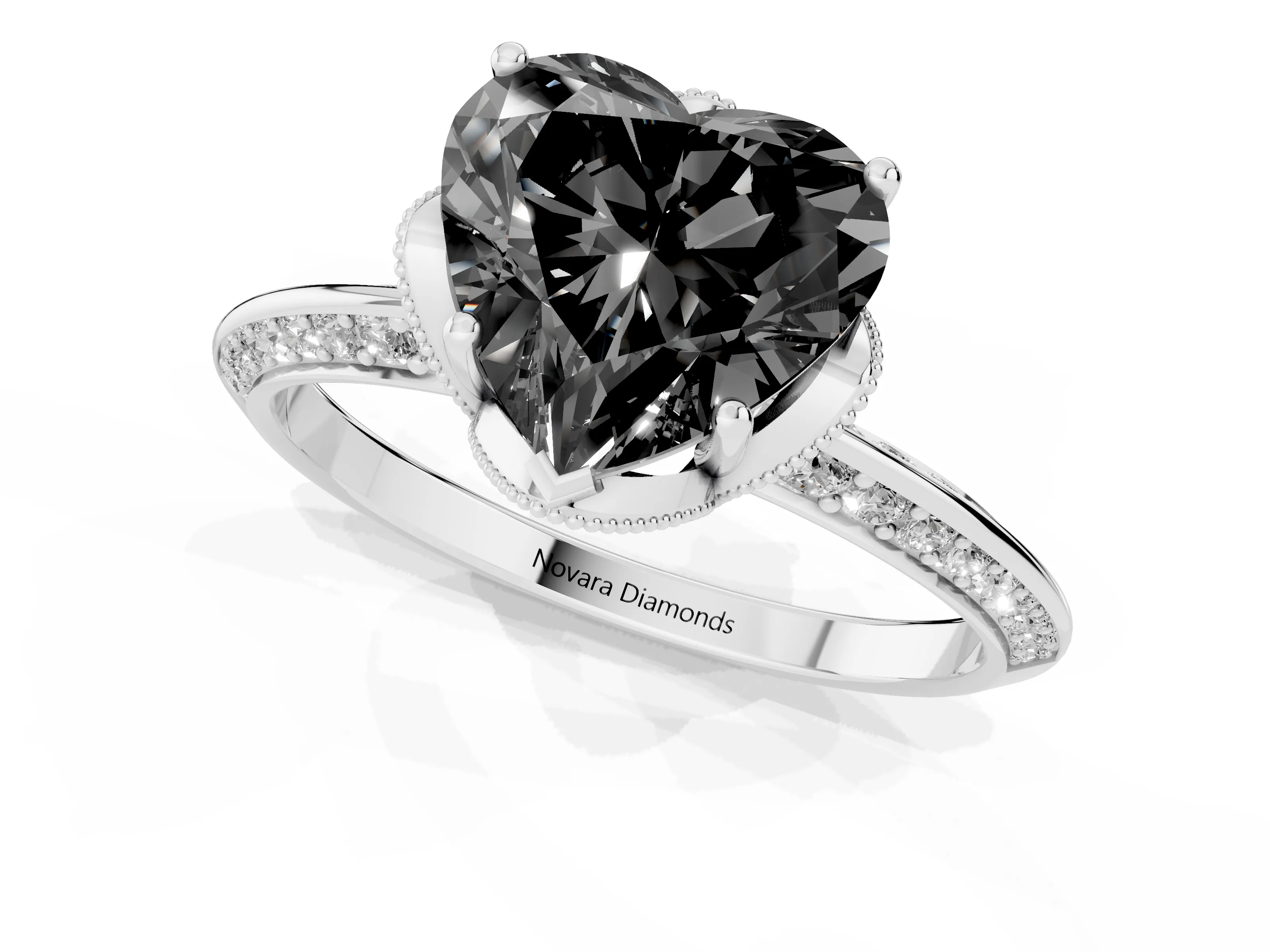 Fancy Black Heart Cut Diamond Solitaire Engagement Ring Set in Silver with Pavé Split Shank and Prong Setting