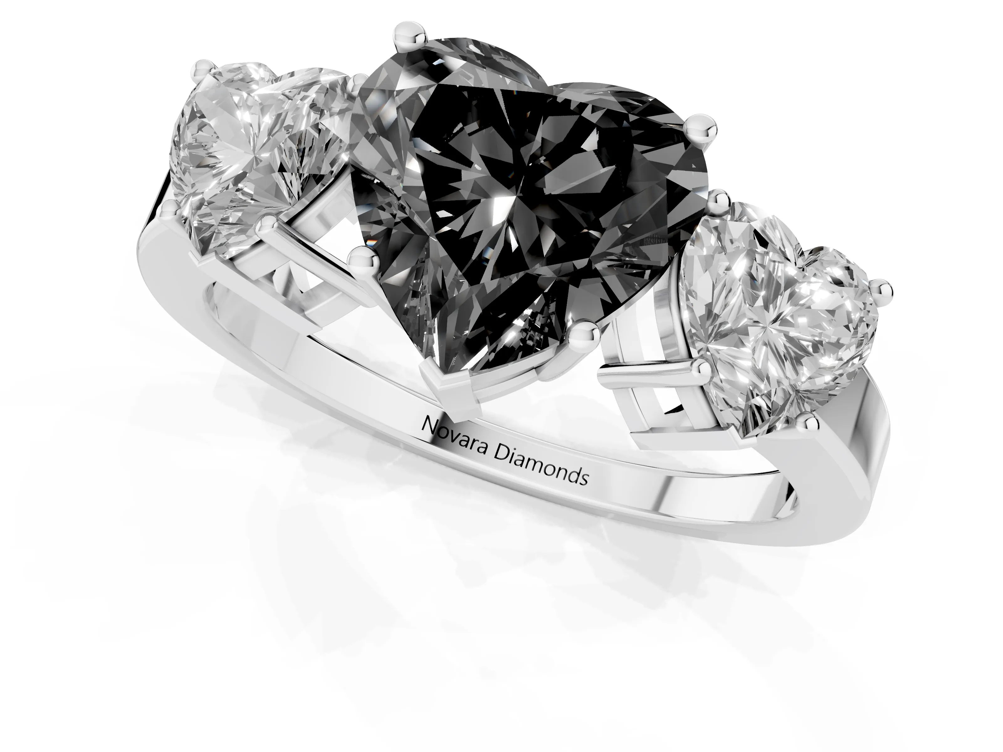 Fancy Black Heart Cut Diamond Three-Stone Engagement Ring Set in Silver with Flat Band