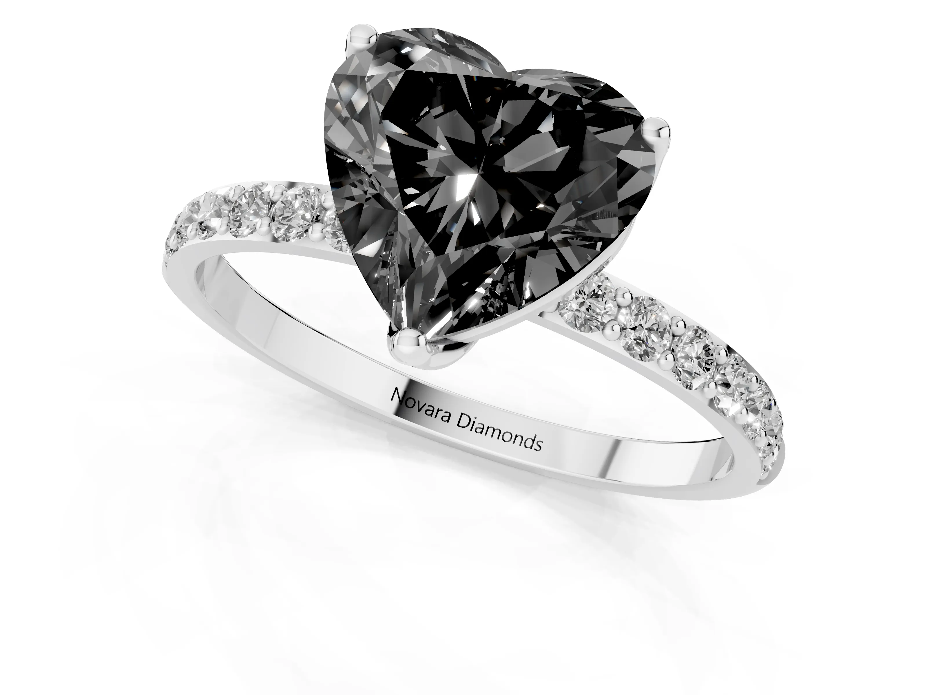 Fancy Black Heart Cut Diamond Solitaire Engagement Ring Set in White gold with Round Pavé Band and Prong Setting
