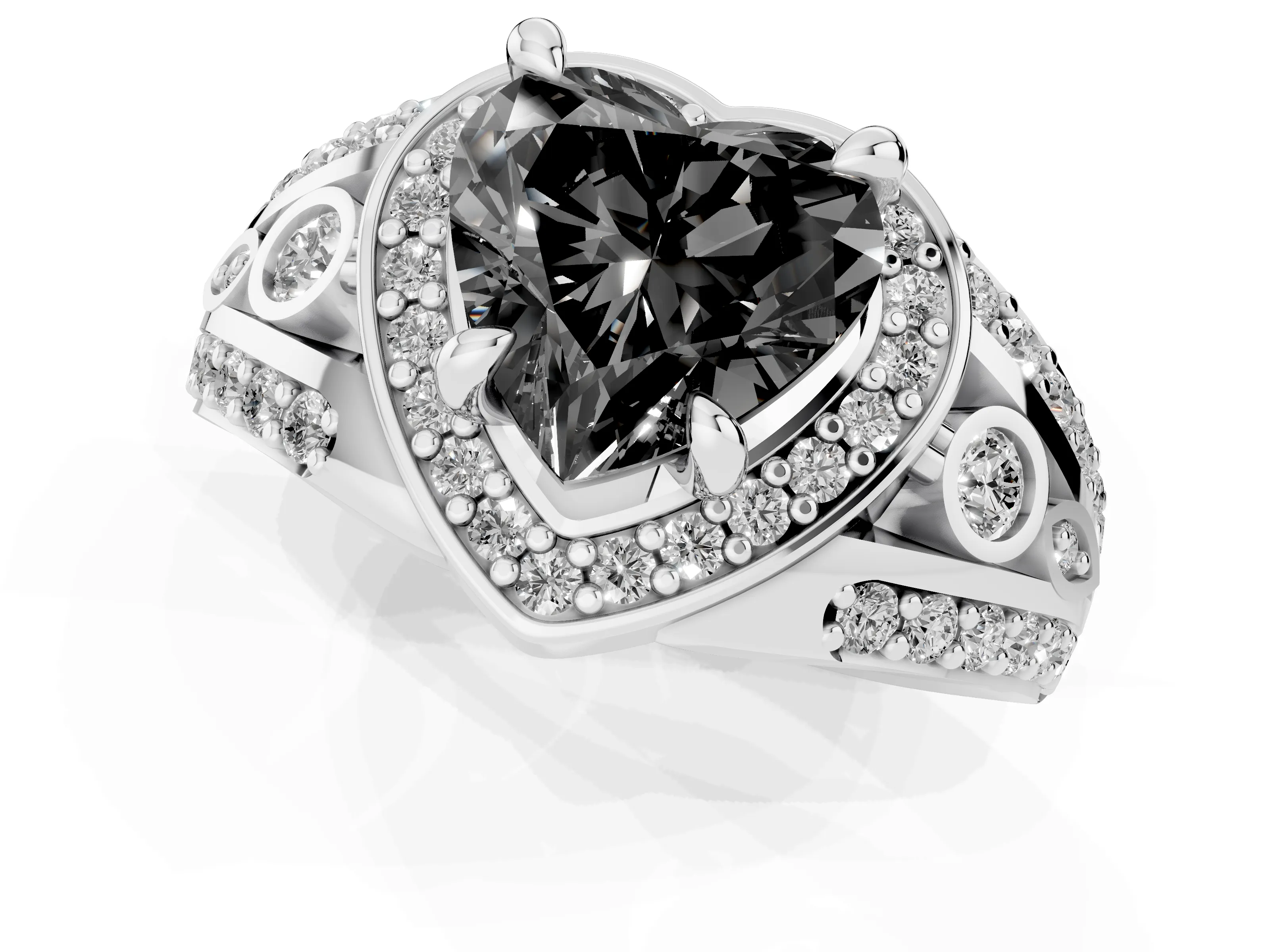 Fancy Black Heart Cut Diamond Halo Ring Set in White gold with Pavé Split Shank and Bezel Accents