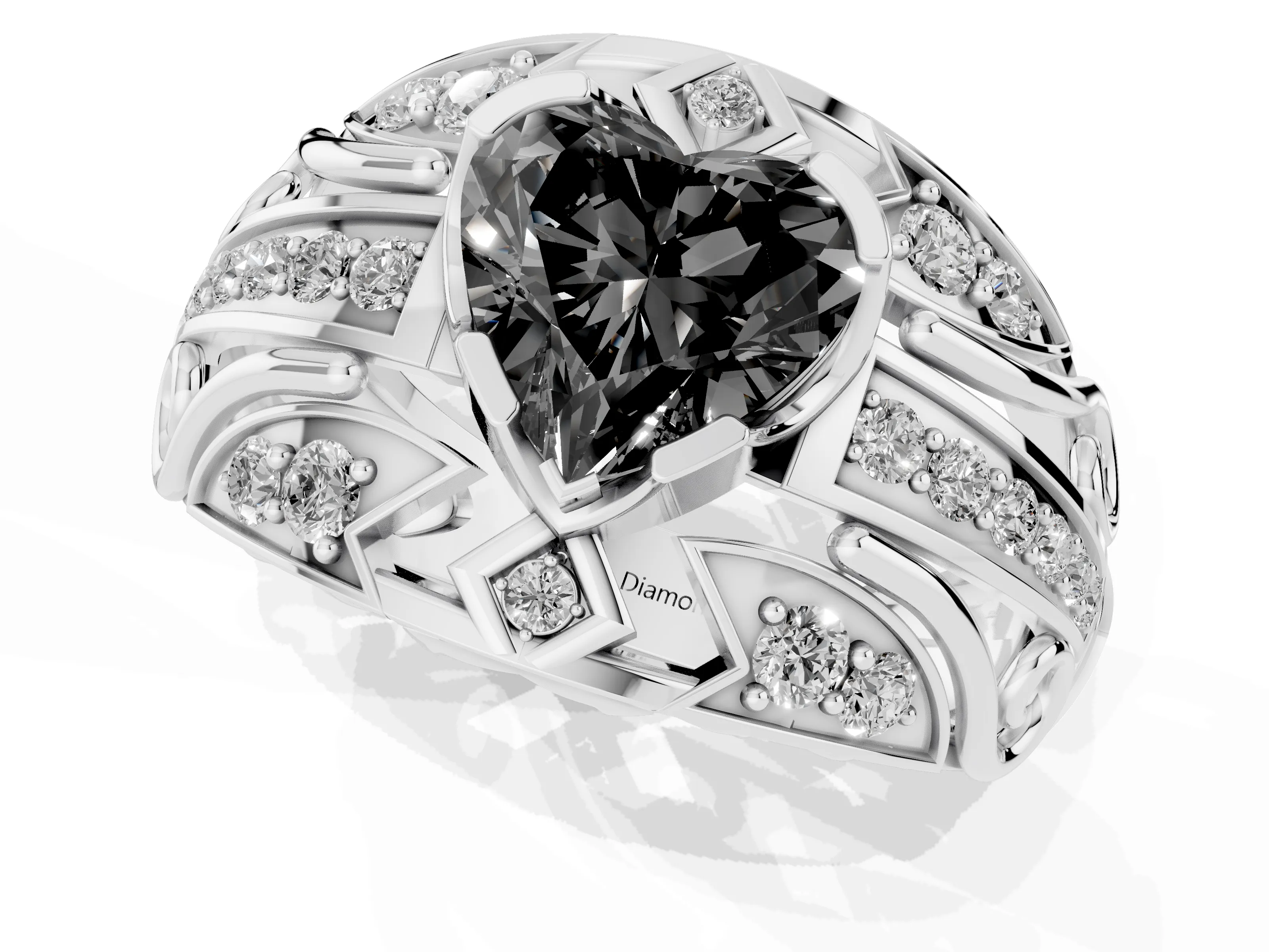 Fancy Black Heart Cut Diamond Art Deco Ring Set in Silver with Pavé Split Shank