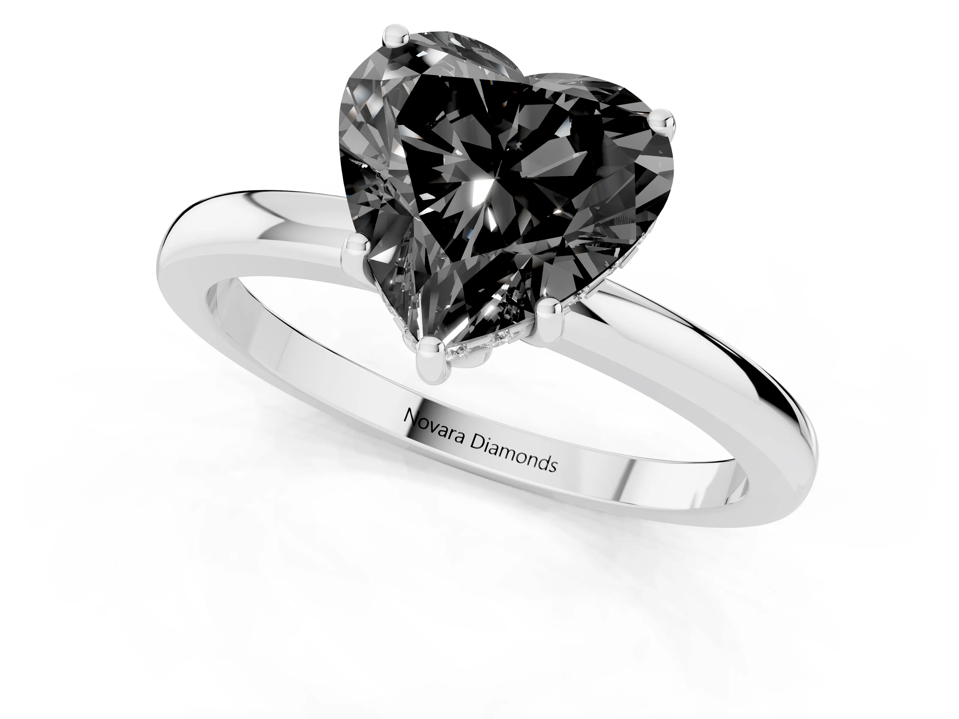 Fancy Black Heart Cut Diamond Solitaire Ring Set in Platinum with Plain Band and Prong Setting