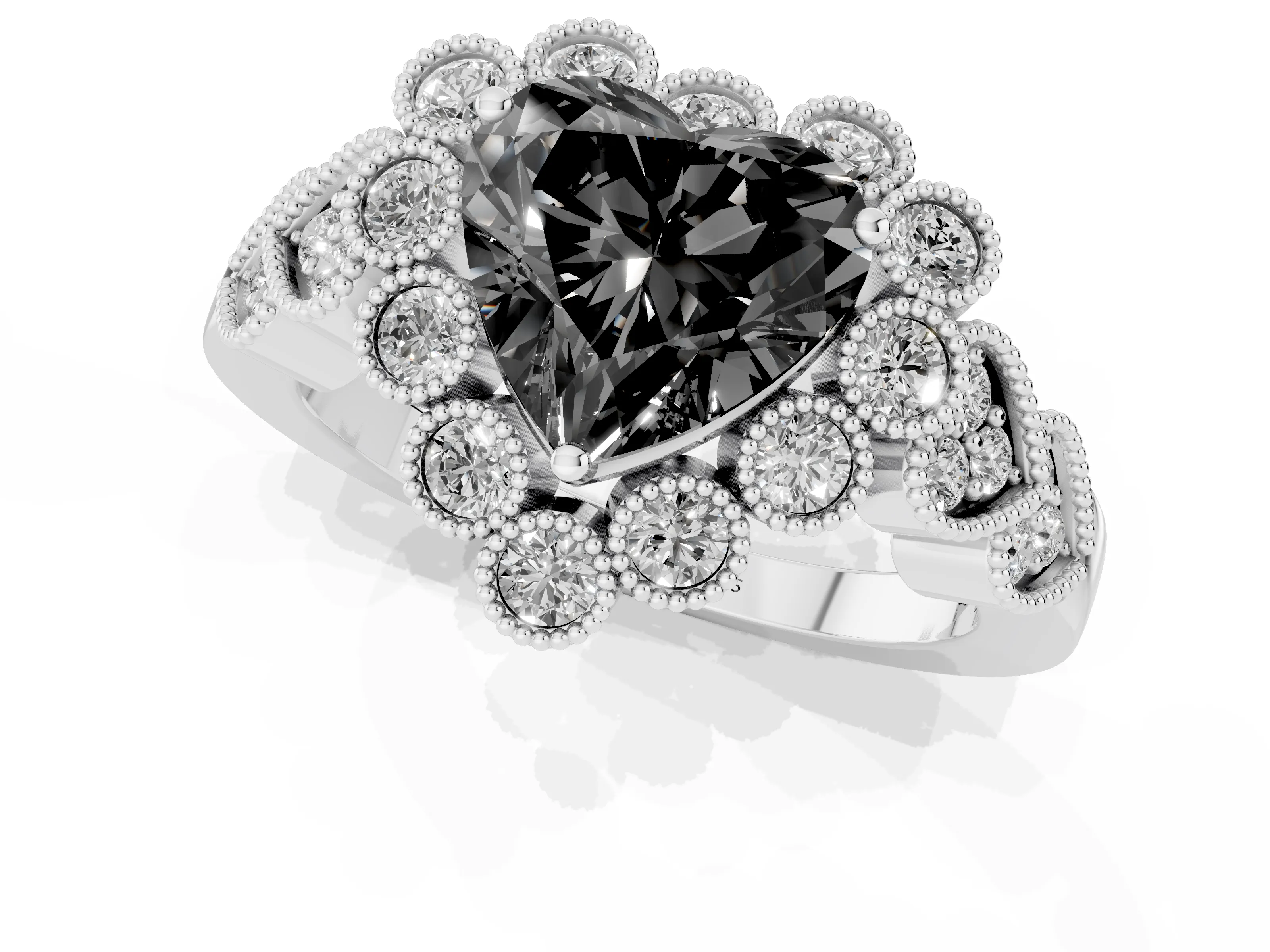 Fancy Black Heart Cut Diamond Solitaire Ring Set in White gold with Milgrain Pavé Heart Band – second view