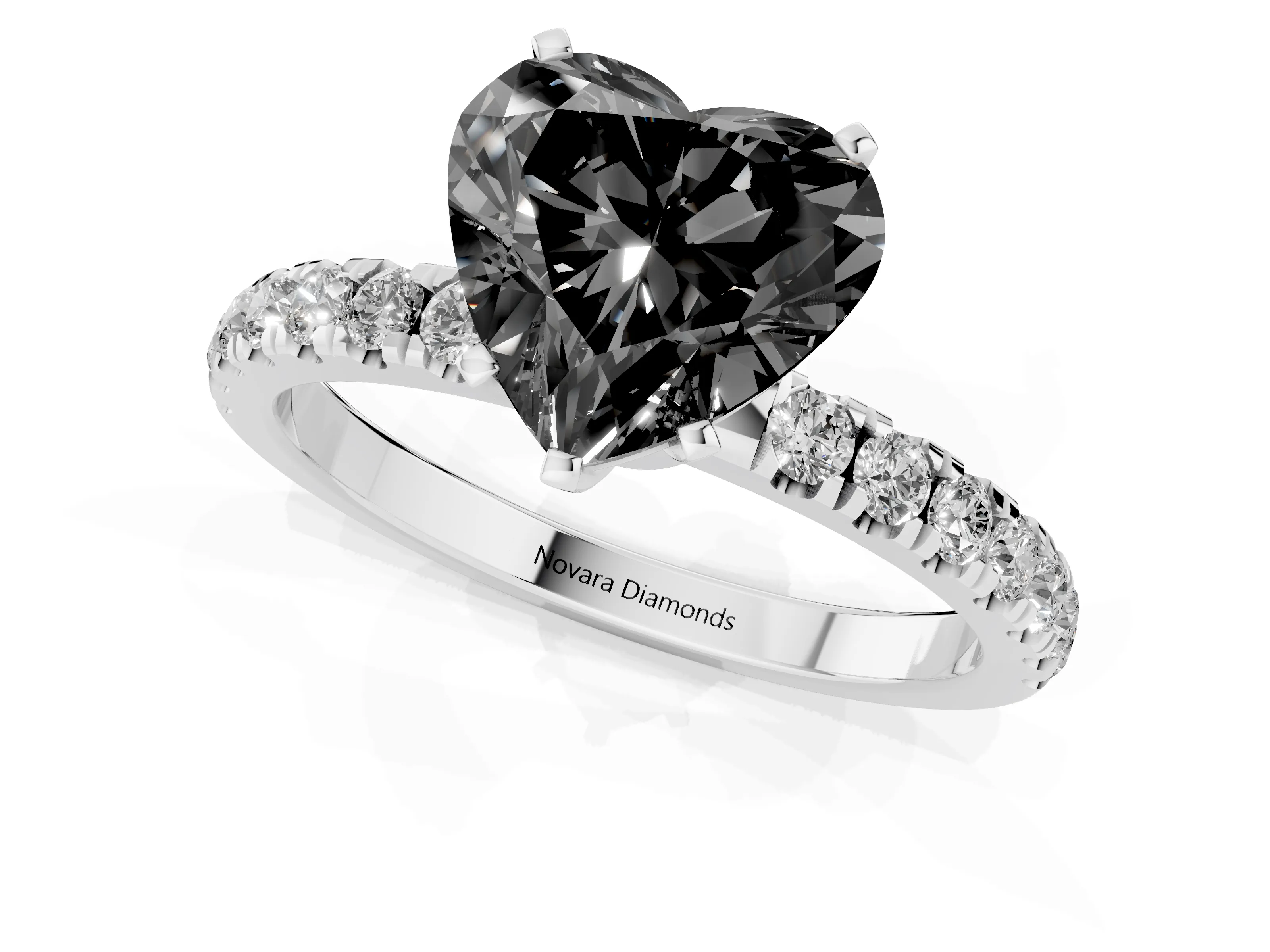 Fancy Black Heart Cut Diamond Solitaire Ring Set in Platinum with Pavé Accents and Prong Setting