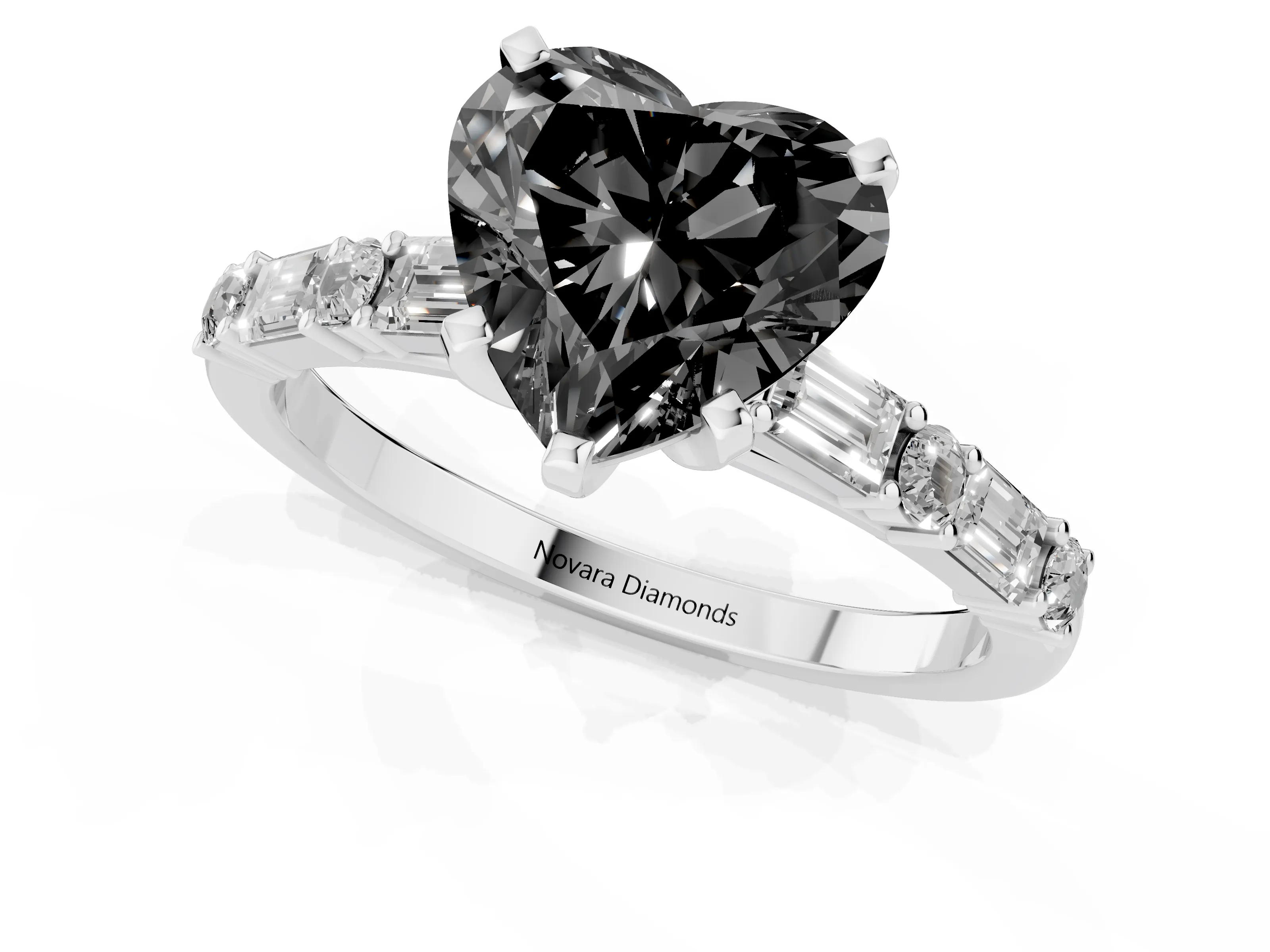 Fancy Black Heart Cut Diamond Solitaire Set in Silver with Side Baguettes and Channel Set Band