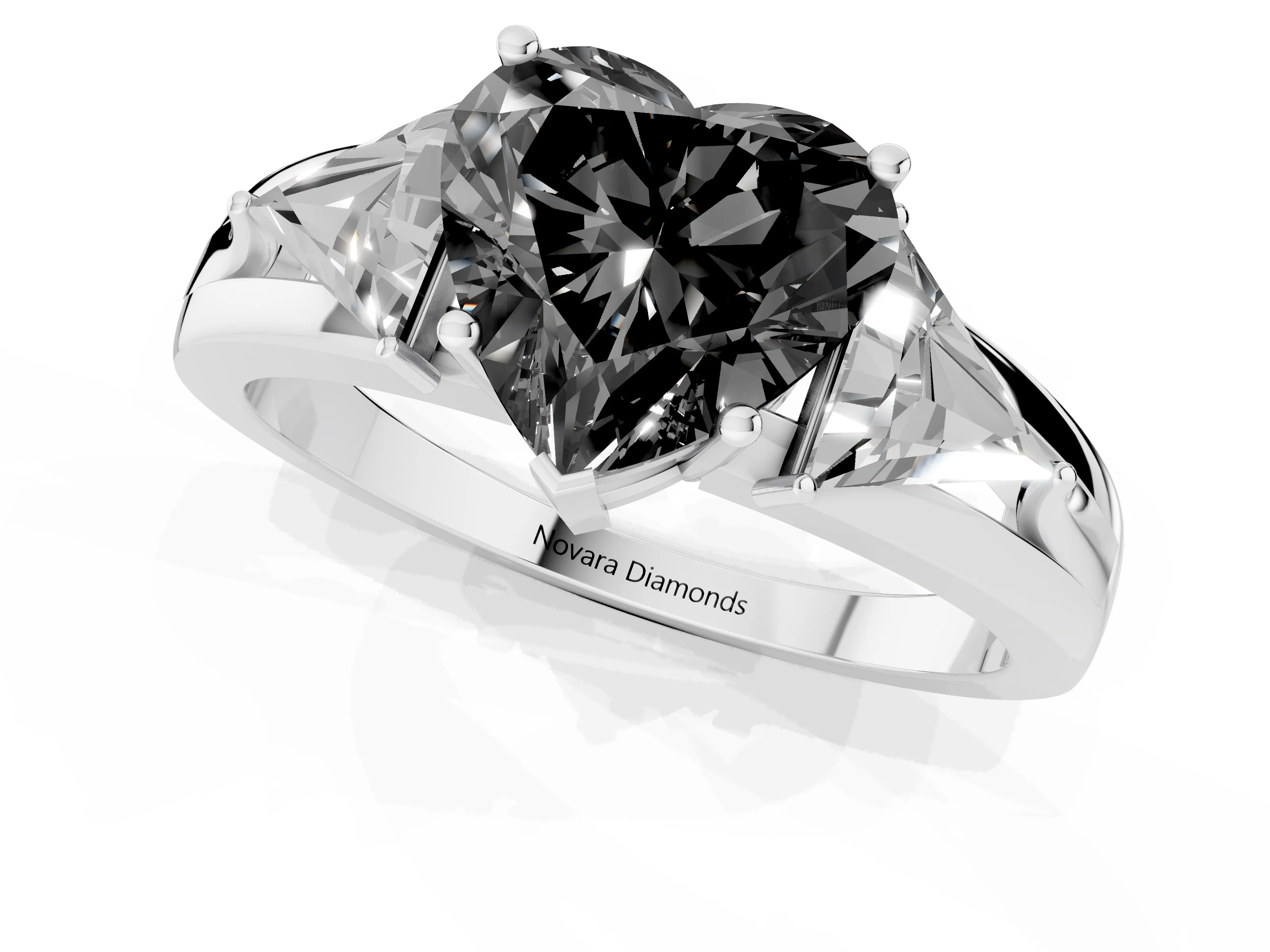 Fancy Black Heart Cut Diamond Three-Stone Ring Set in Platinum with Trillion Side Stones and Split Shank