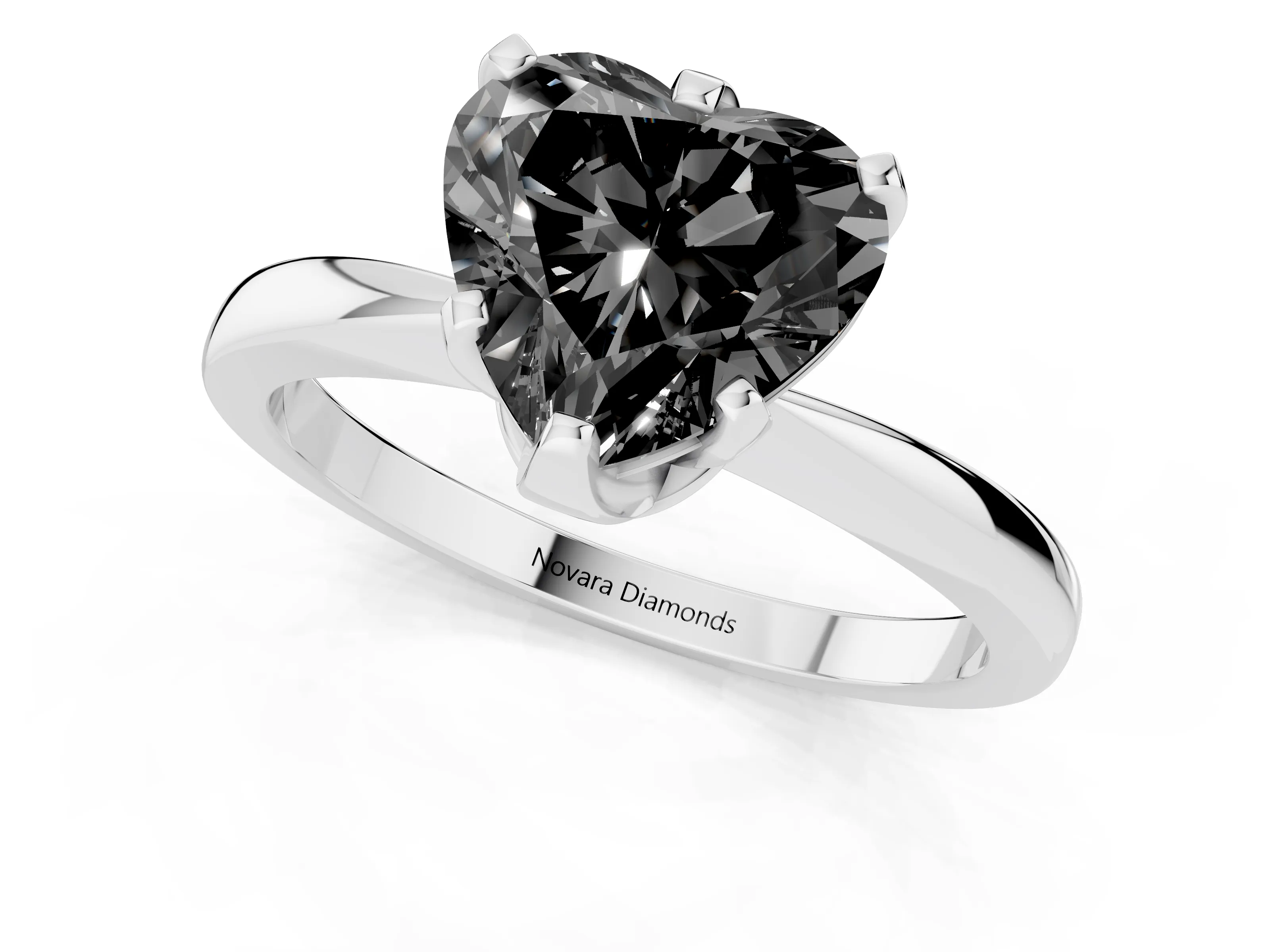 Fancy Black Heart Cut Diamond Solitaire Engagement Ring Set in White gold with Slim Tapered Solitaire Band