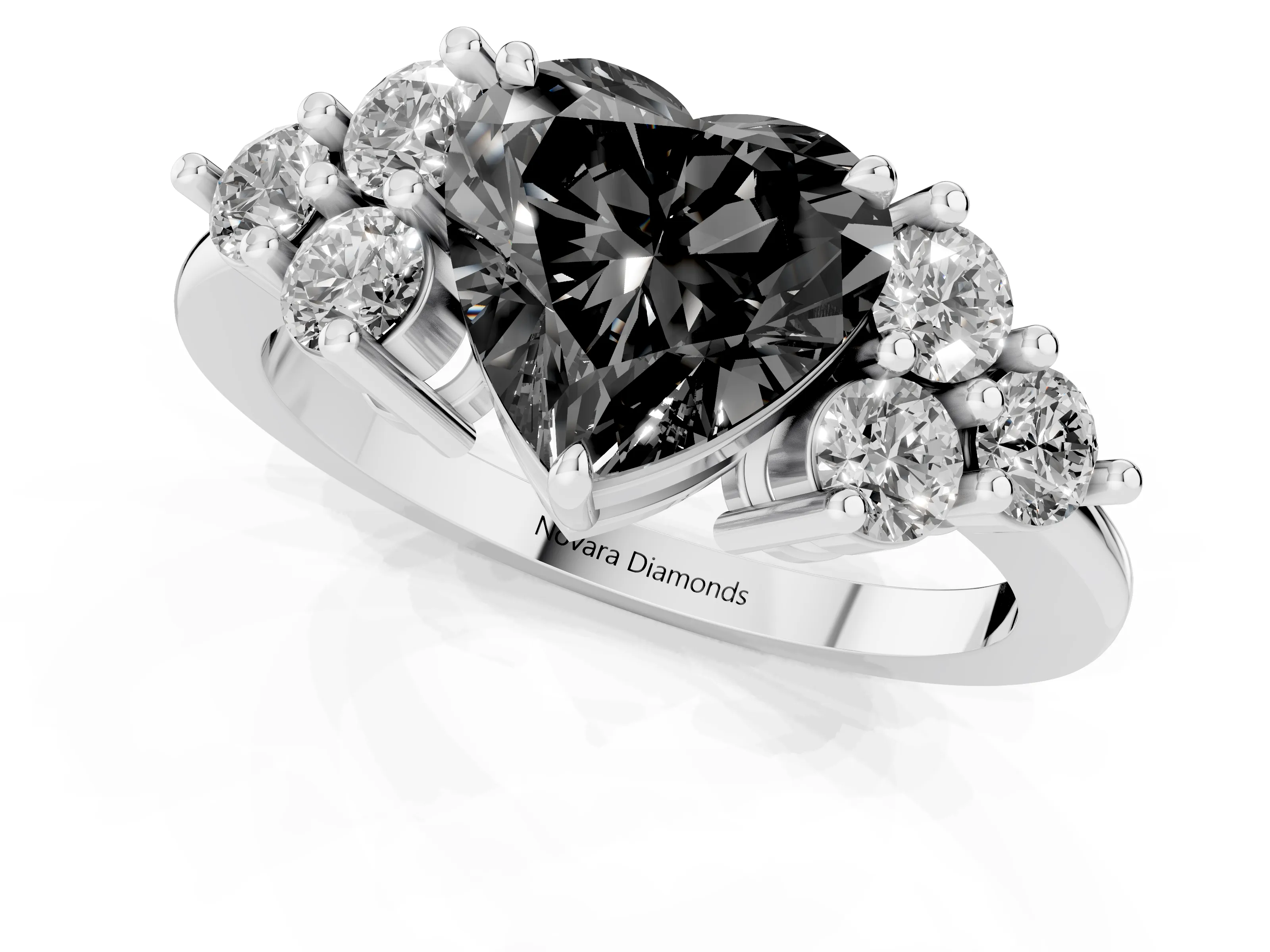 Fancy Black Heart Cut Diamond Solitaire Ring Set in Platinum with Cluster Accents on Each Side – second view