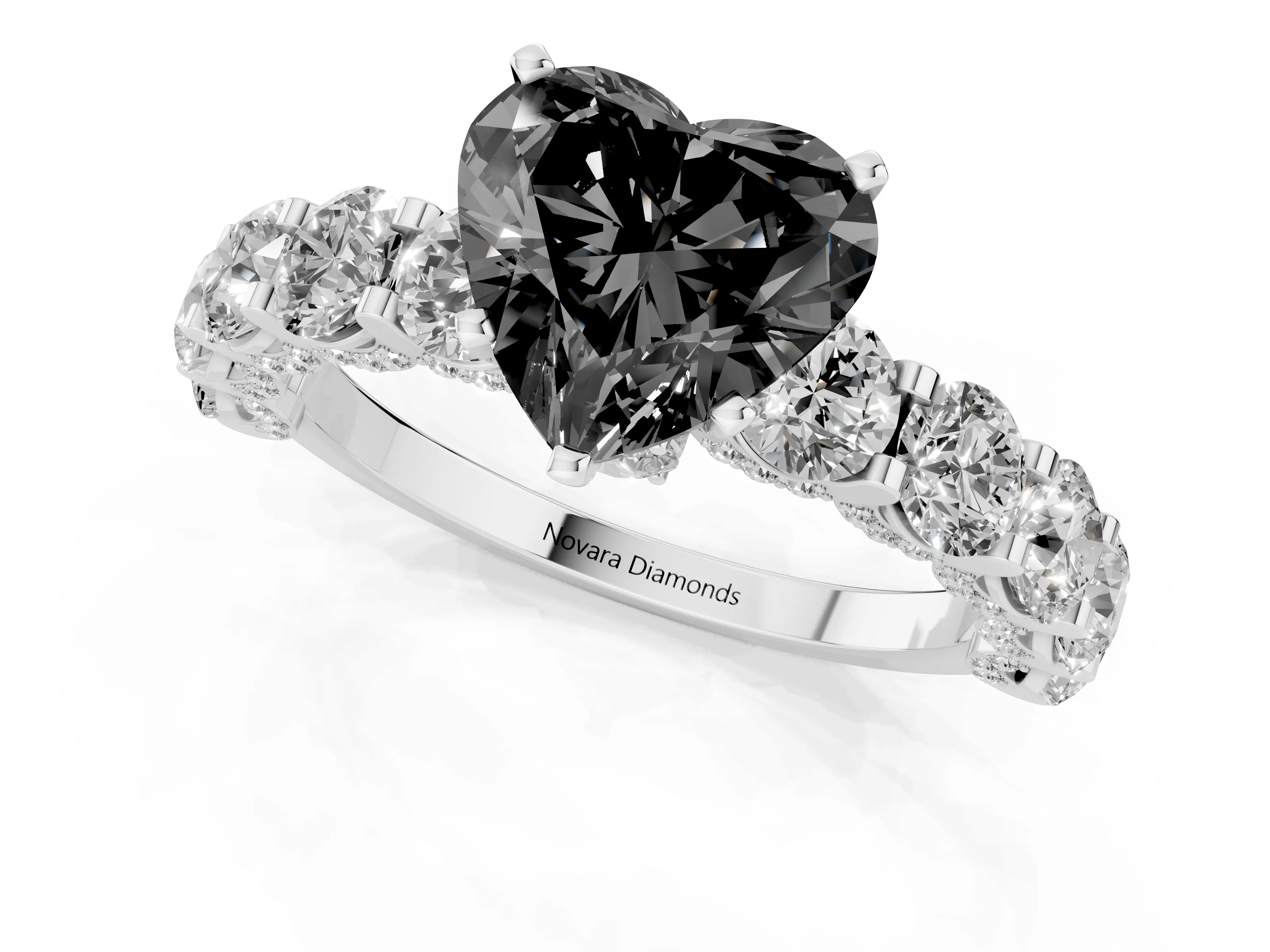 Fancy Black Heart Cut Diamond Side Stone Ring Set in Silver with Alternating Round and Oval Side Stones – second view