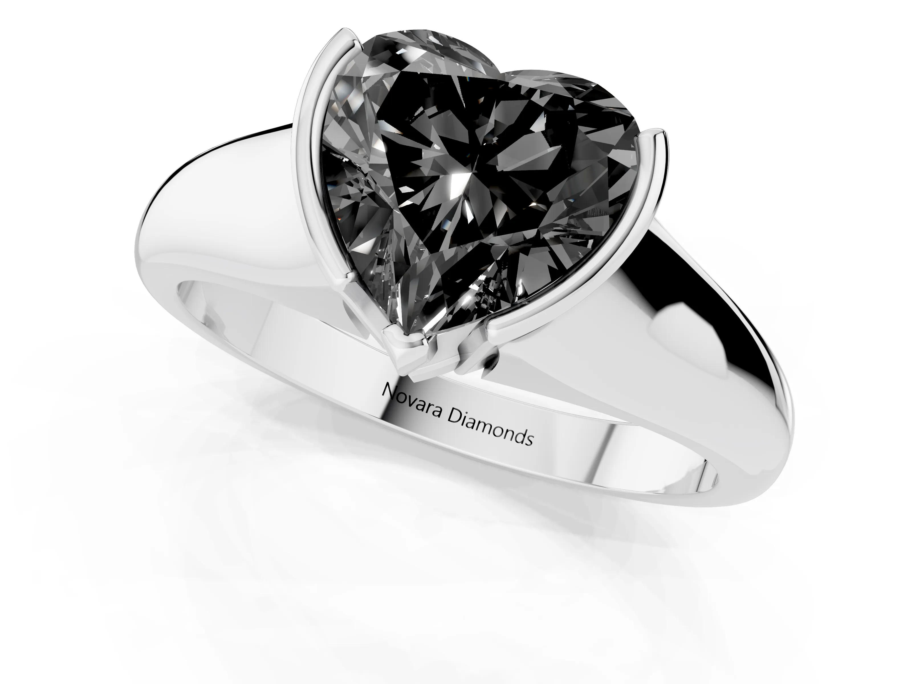 Fancy Black Heart Cut Diamond Solitaire Tension Set Ring Set in Silver with Split Shank Band