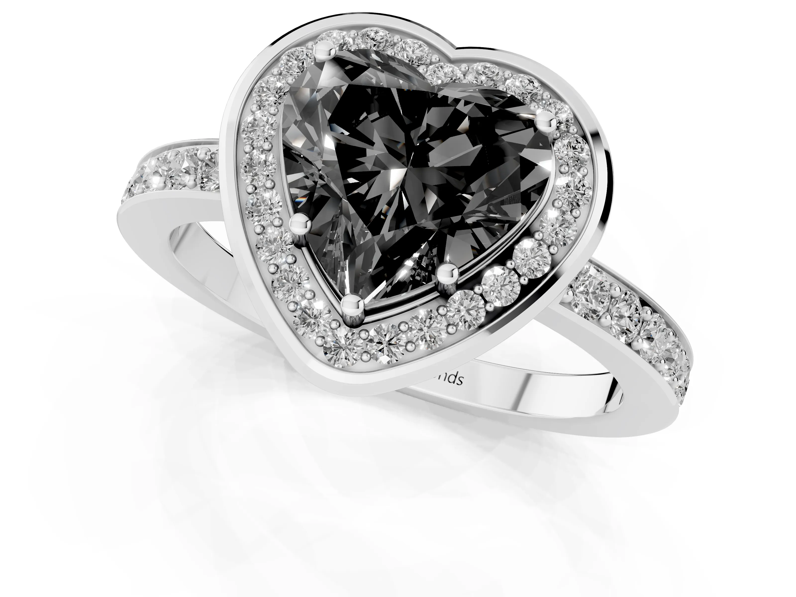 Fancy Black Heart Cut Diamond Halo Ring Set in Silver with Bezel Frame and Pavé Band